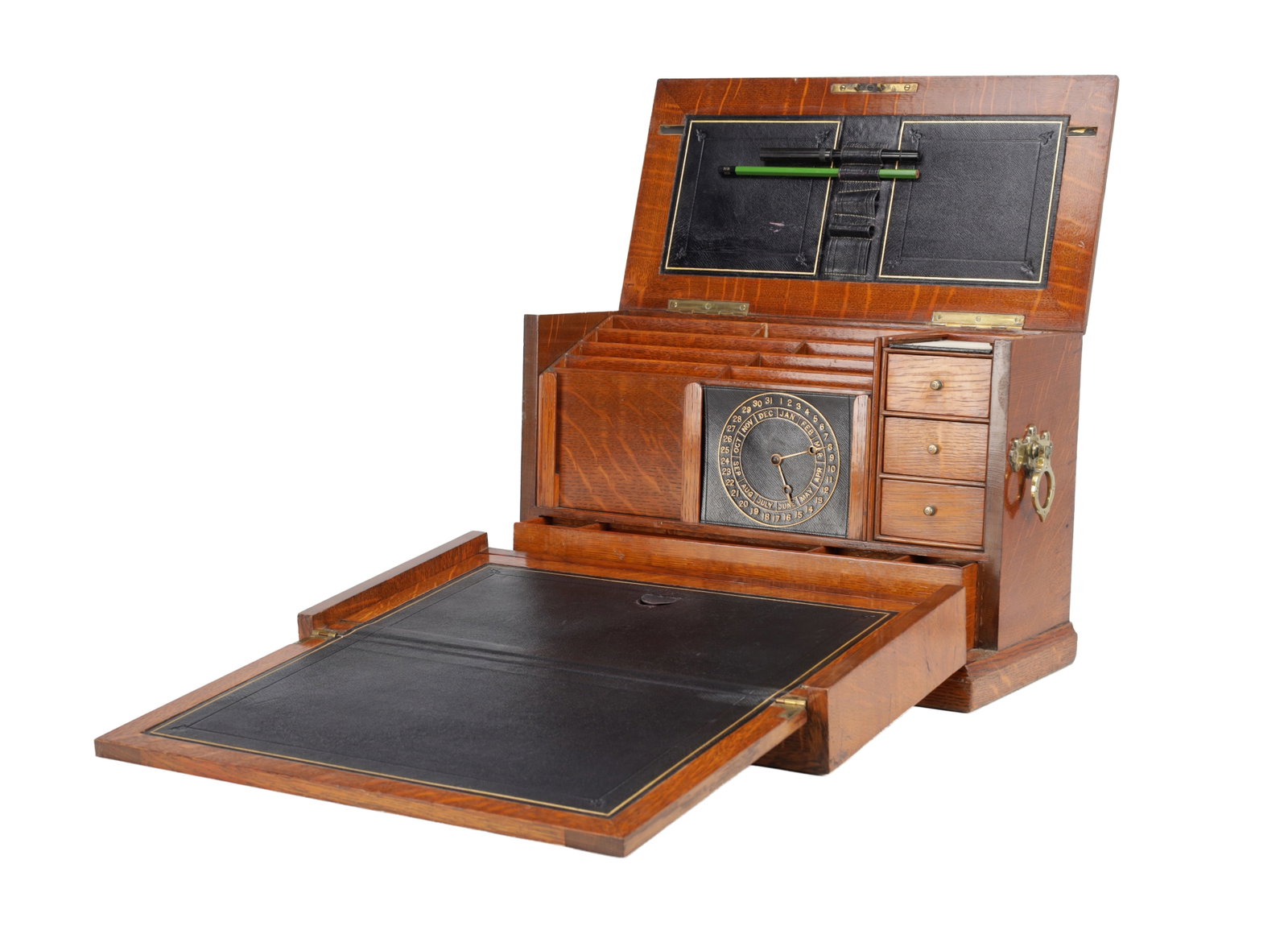 A LATE 19TH CENTURY ENGLISH OAK WRITING SLOPE WITH FITTED STATIONERY INTERIOR AND PERPETUAL CALENDAR (1 of 7)