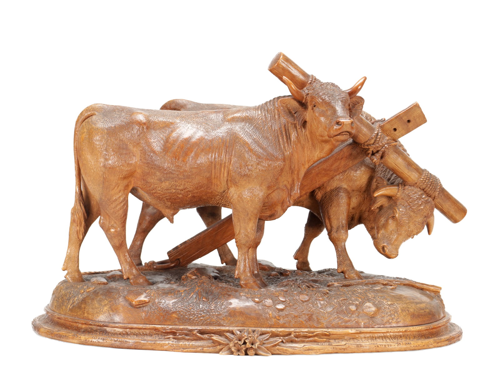 ATT JOHANN HUGLER A SWISS BLACK FOREST CARVED WOOD GROUP OF YOKED OXEN ON OVAL BASE (1 of 10)