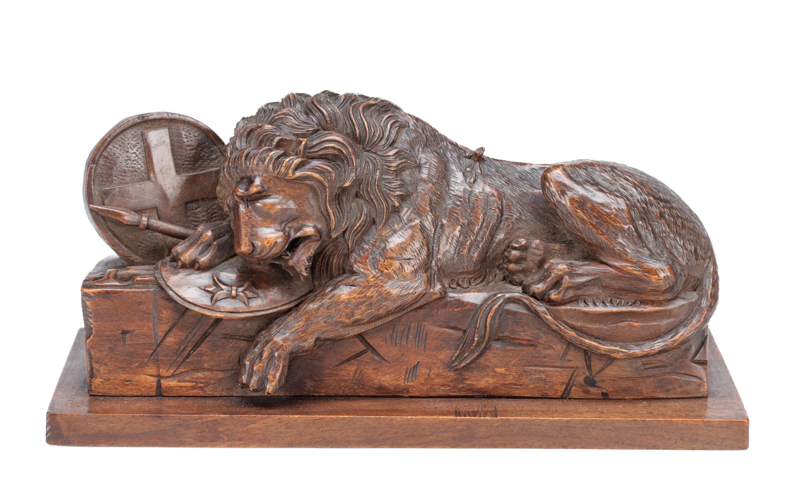 A 19TH CENTURY SWISS CARVED LINDEN WOOD SCULPTURE OF THE LION OF LUCERNE (1 of 8)