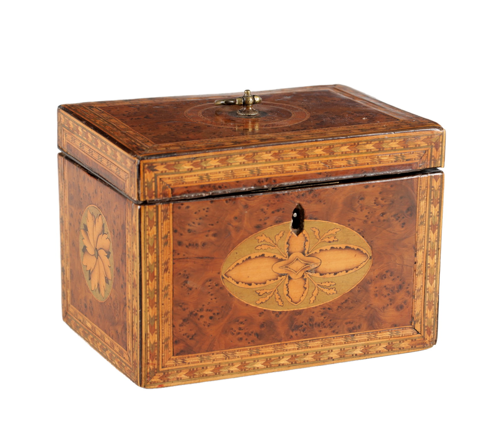 A GEORGE III ENGLISH BURR WOOD AND SATINWOOD INLAID TEA CADDY (1 of 13)