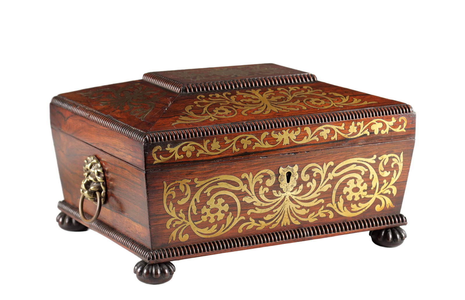 A REGENCY ROSEWOOD AND BRASS INLAID SARCOHPHAGUS WORK BOX (1 of 12)