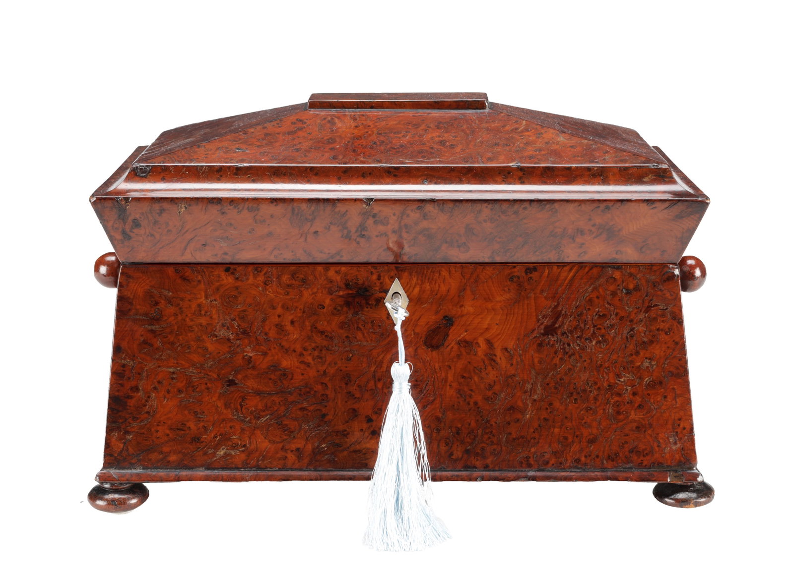 A REGENCY ENGLISH BURR WALNUT SARCOPHAGUS TEA CADDY (1 of 9)