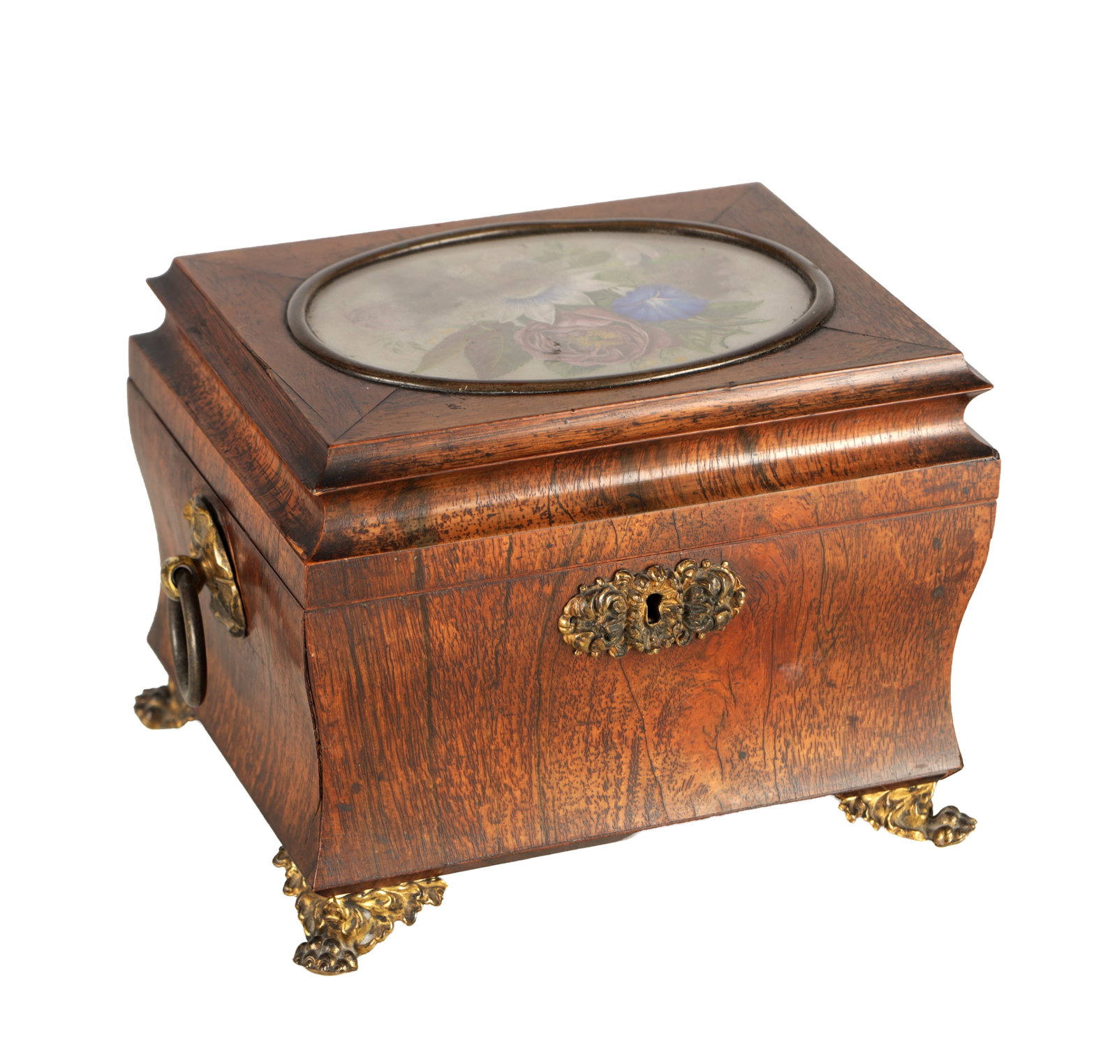 A 19TH CENTURY SHAPED ROSEWOOD TEA CADDY WITH INSET WATERCOLOUR PANEL (1 of 8)