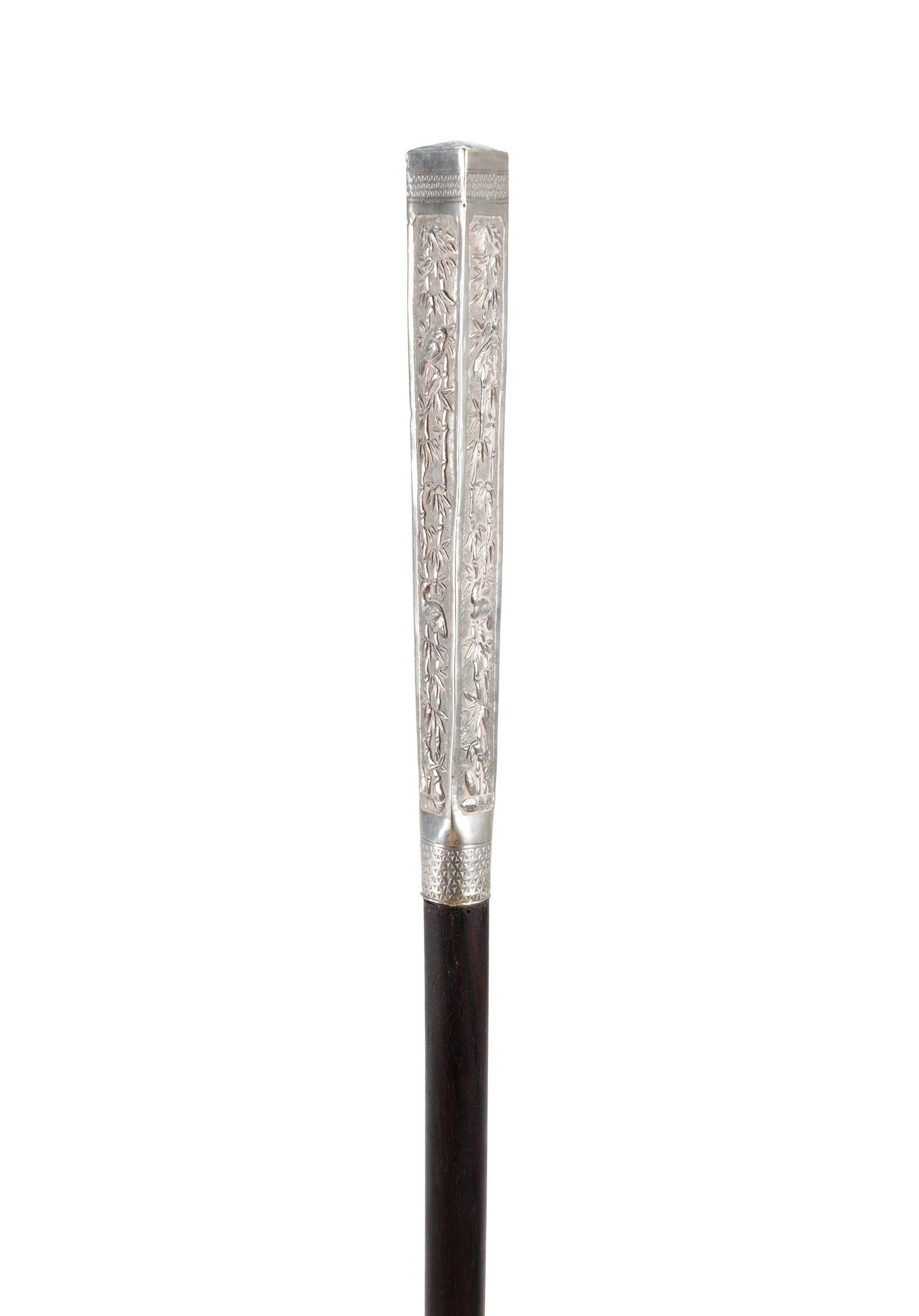A FINE 19TH CENTURY JAPANESE SILVER MOUNTED WALKING STICK WITH A TRI-FACETED HANDLE AND ROSEWOOD (1 of 6)