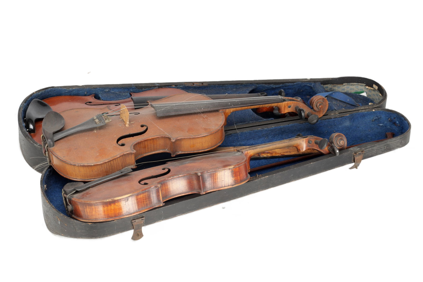 A COLLECTION OF THREE ANTIQUE VIOLINS: A COLLECTION OF THREE ANTIQUE VIOLINS lengths of backs are 363mm, 355mm, 358mm.