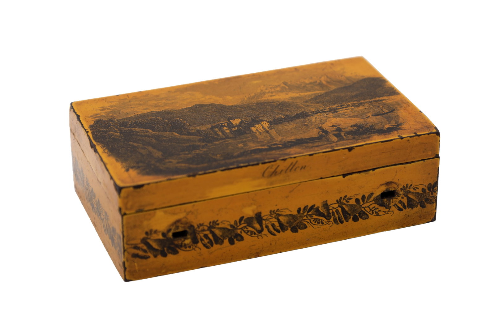 A SWISS TOLEWARE MUSIC BOX CASE DEPICTING CHATEAU DE CHILLON (1 of 6)