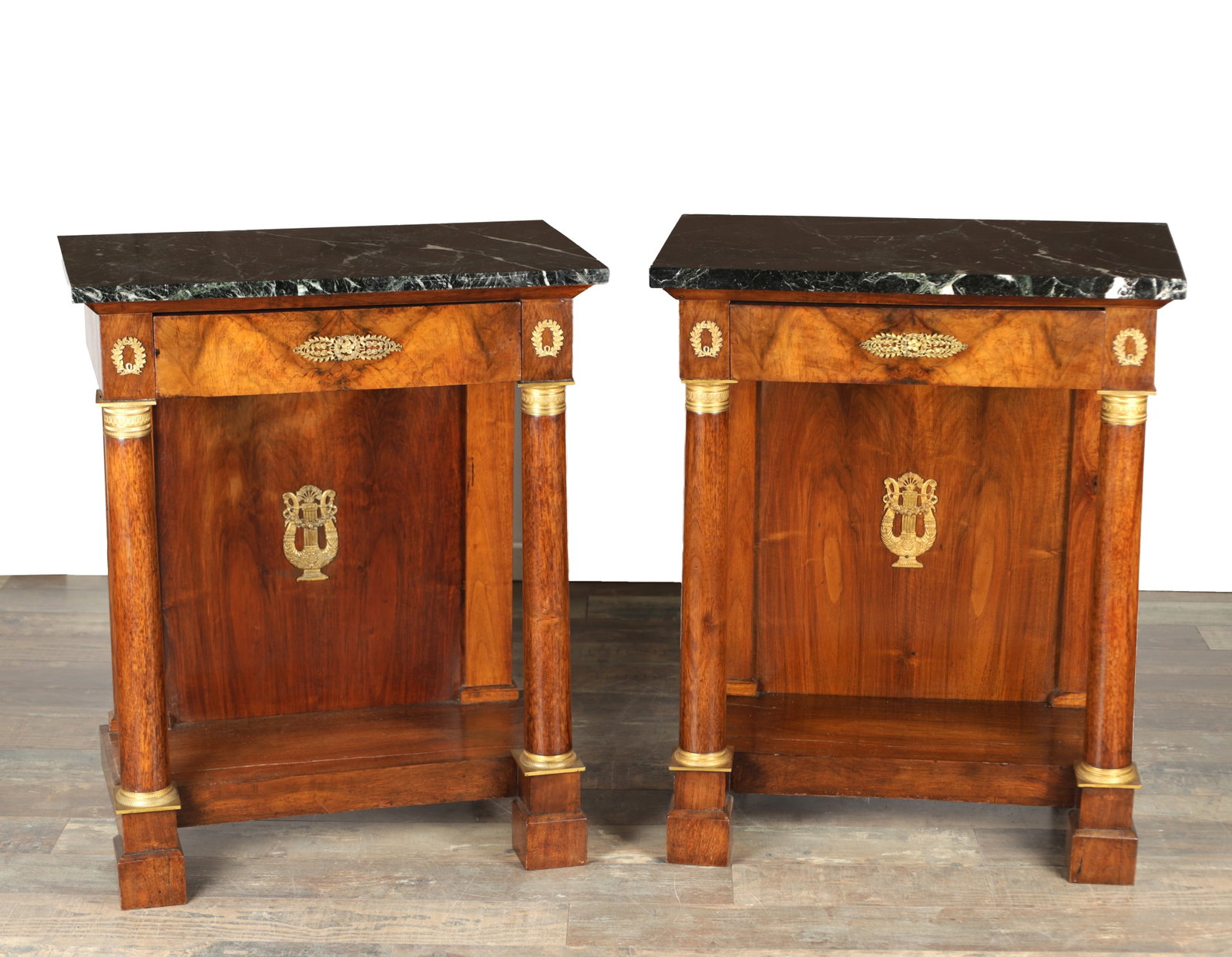 A PAIR OF EARLY 19TH CENTURY FRENCH ORMOLU MOUNTED MAHOGANY CONSOLE TABLES (1 of 5)