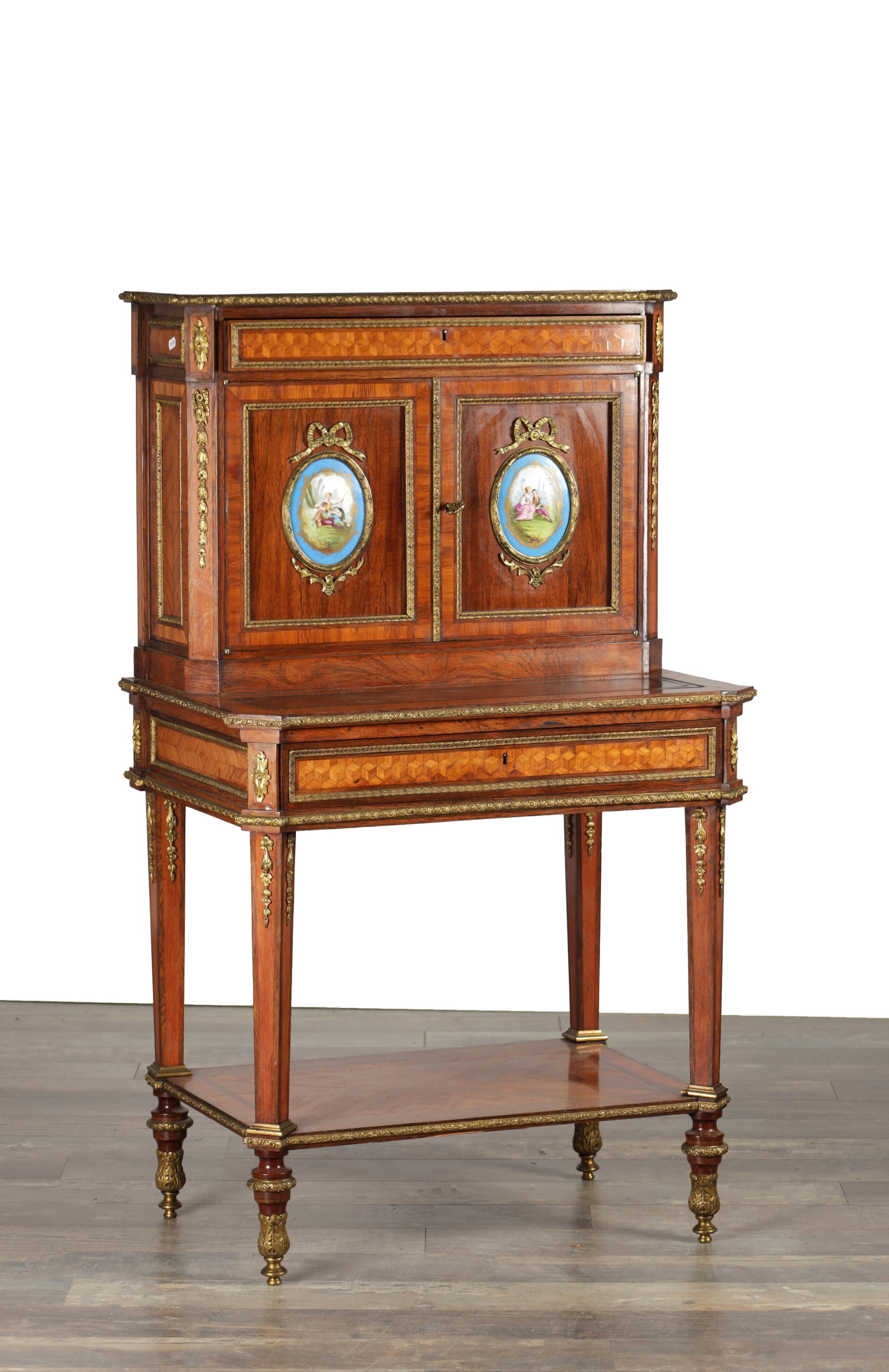 A LATE 19TH CENTURY FRENCH KINGWOOD AND PARQUETRY BONHEUR DU JOUR WITH ORMOLU MOUNTS AND (1 of 8)