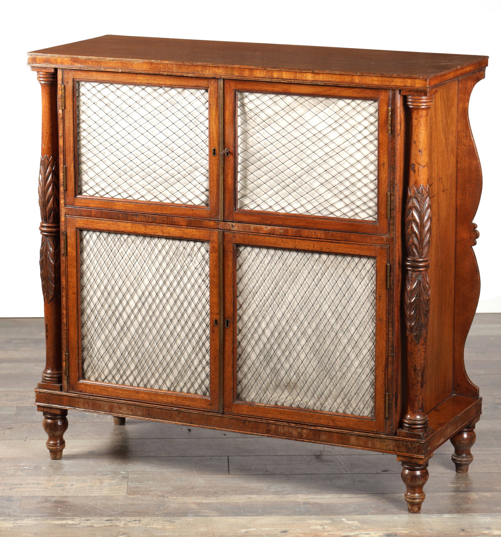 A REGENCY MAHOGANY SIDE CABINET WITH TRELLIS GRILLE DOORS (1 of 7)