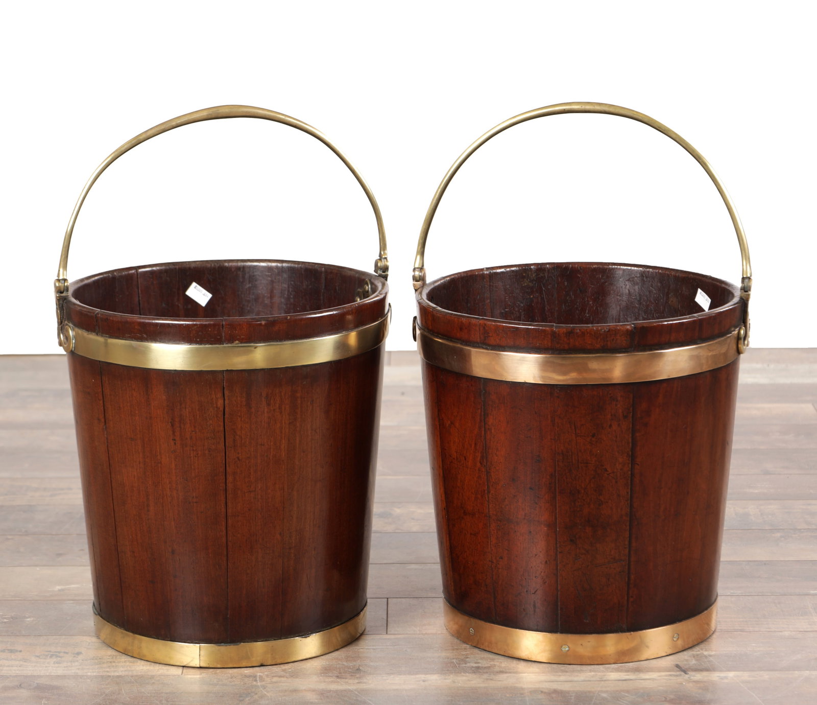 A PAIR OF GEORGE III MAHOGANY BRASS BOUND PEAT BUCKETS (1 of 7)