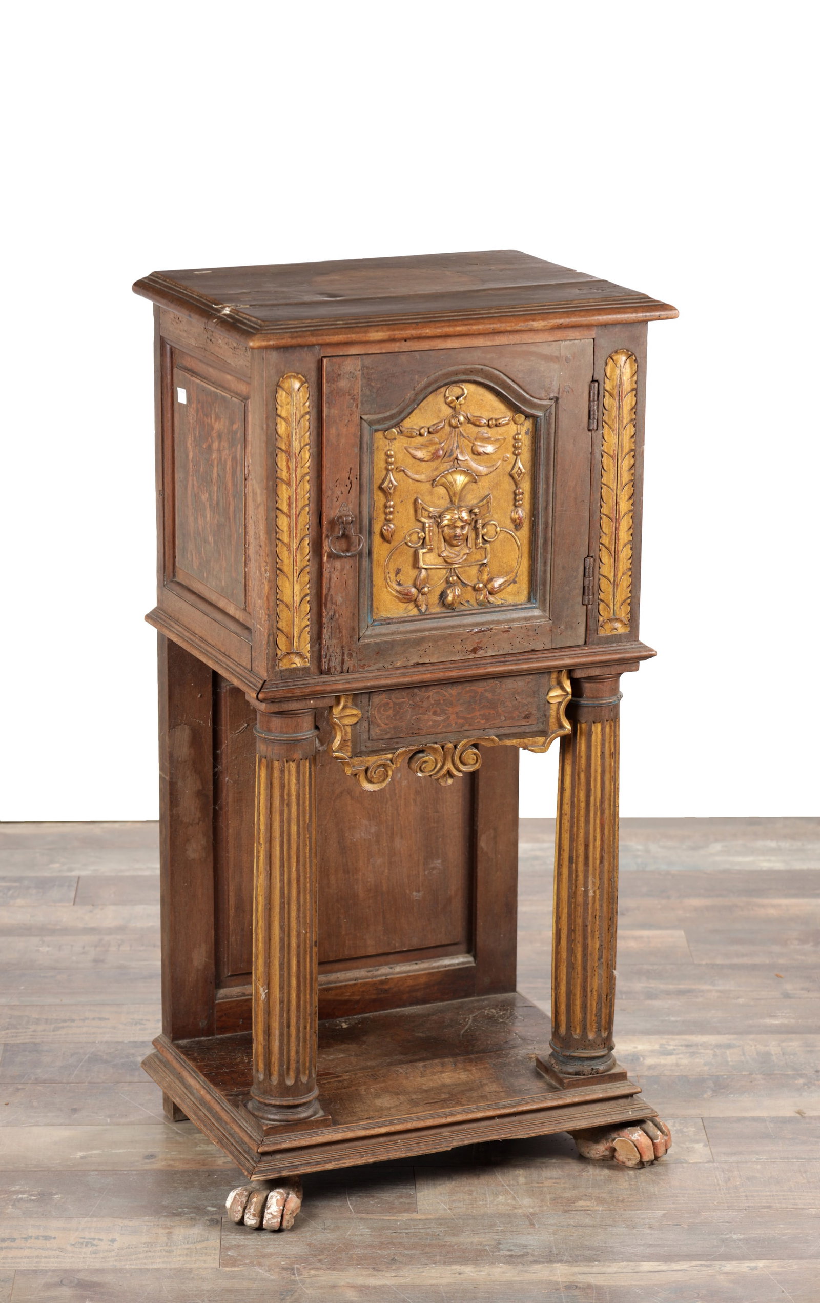 A 17TH CENTURY ITALIAN WALNUT AND PARCEL-GILT SIDE CABINET ON STAND (1 of 7)