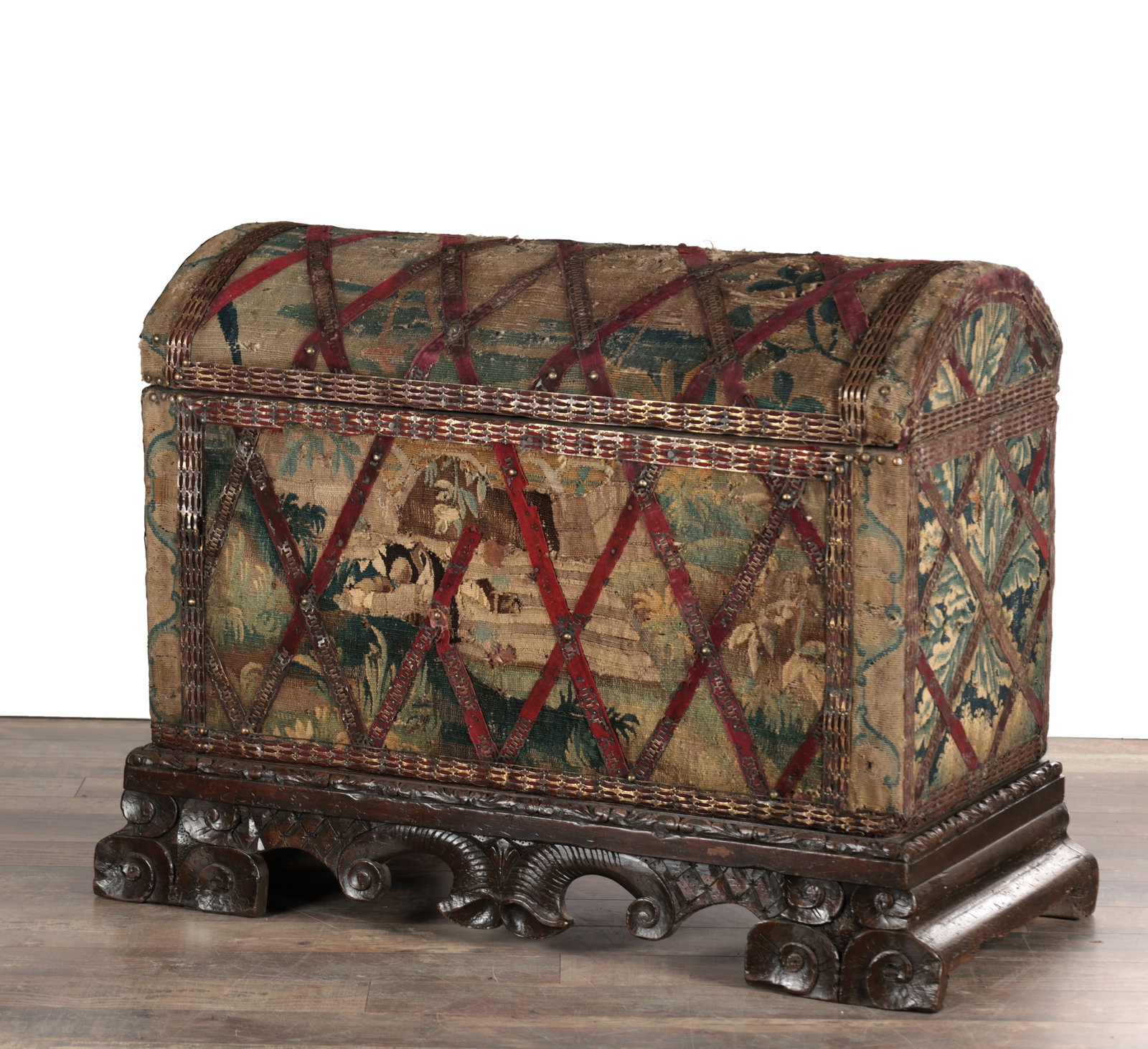 A RARE 17TH CENTURY FRENCH VERDURE TAPESTRY DOMED TOP CHEST (1 of 8)