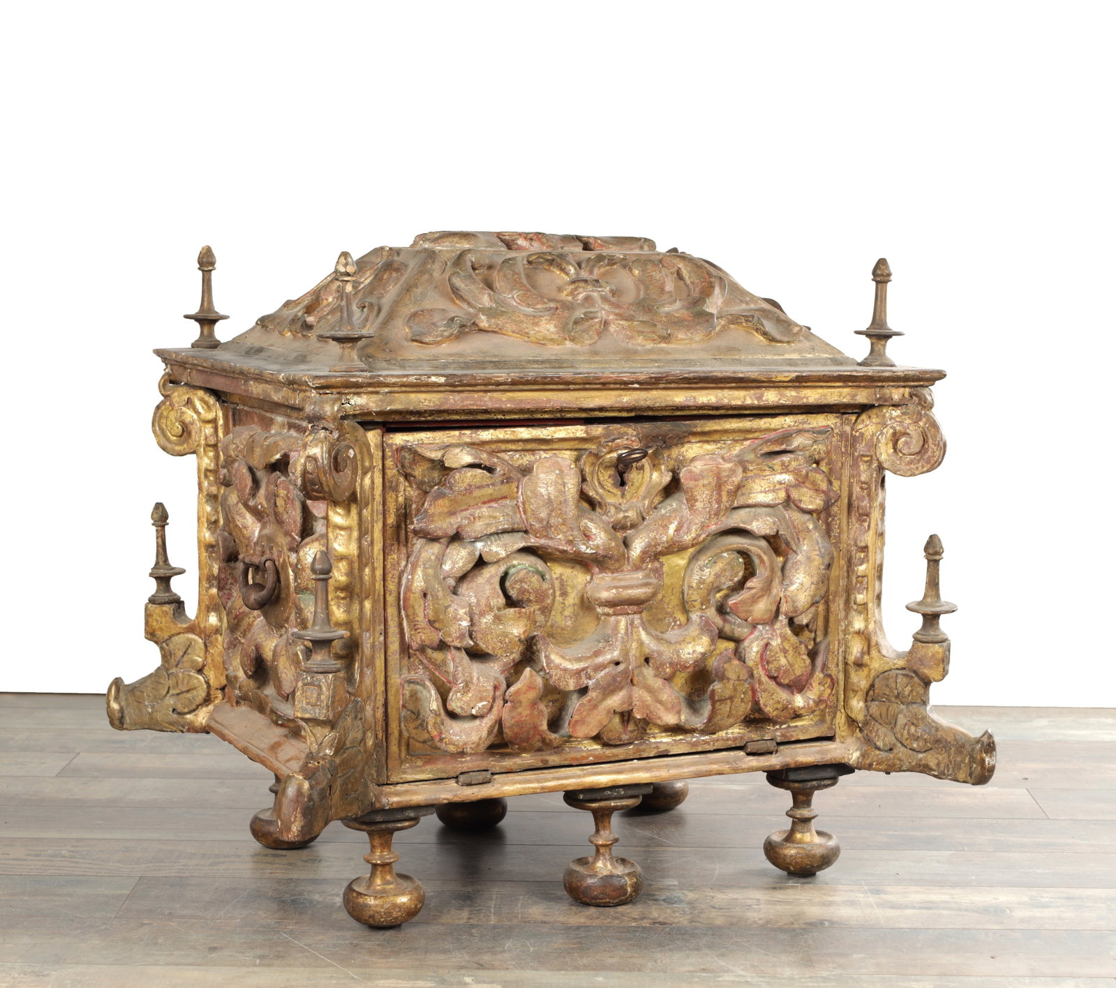 AN ITALIAN PARCEL GILT AND POLYCHROME CARVED WOOD CASSONE DOWRY CHEST (1 of 7)
