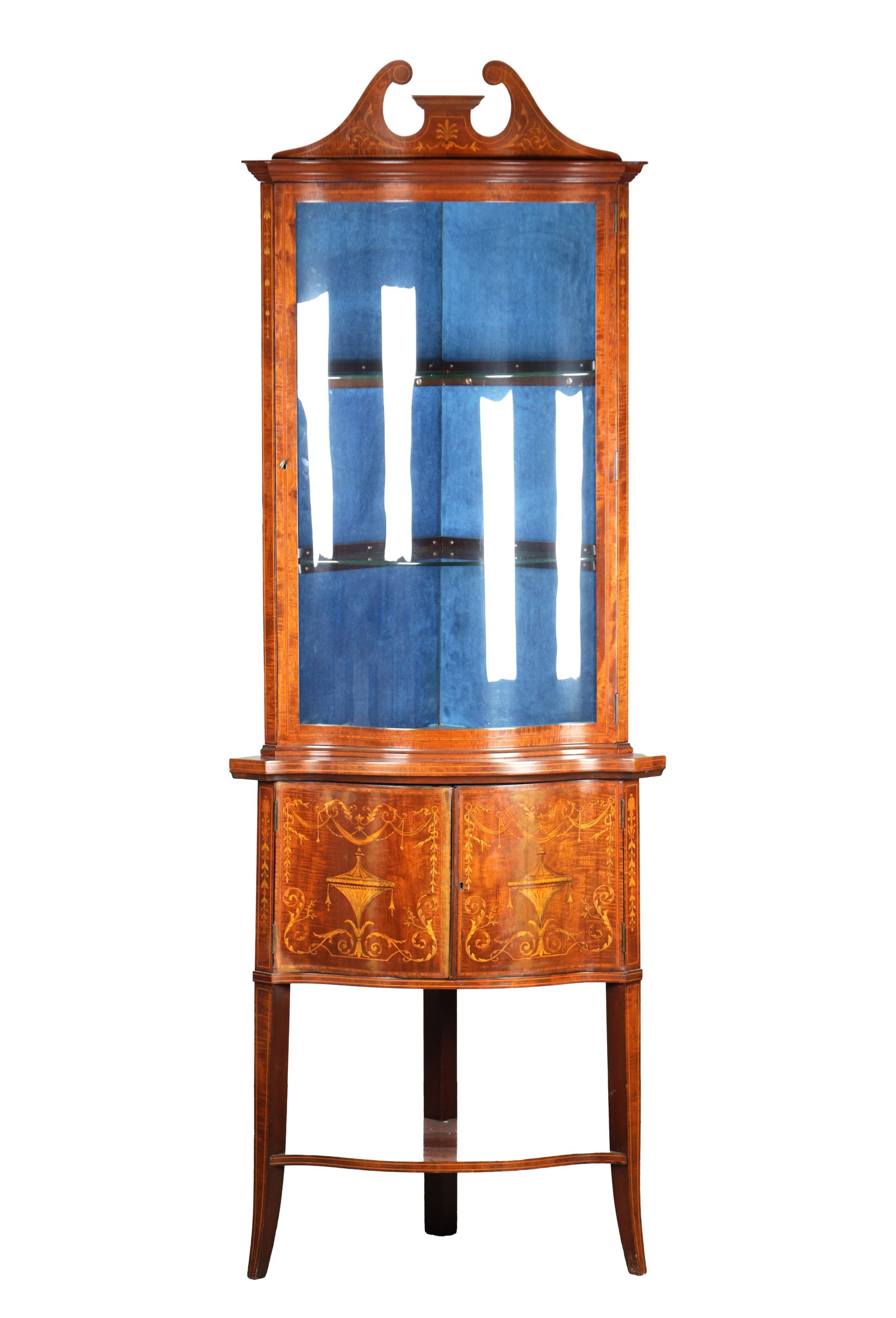 MAHOGANY MARQUETRY INLAID SERPENTINE SHAPED FRONTED STANDING DOUBLE HEIGHT CORNER CUPBOARD CABINET (1 of 7)