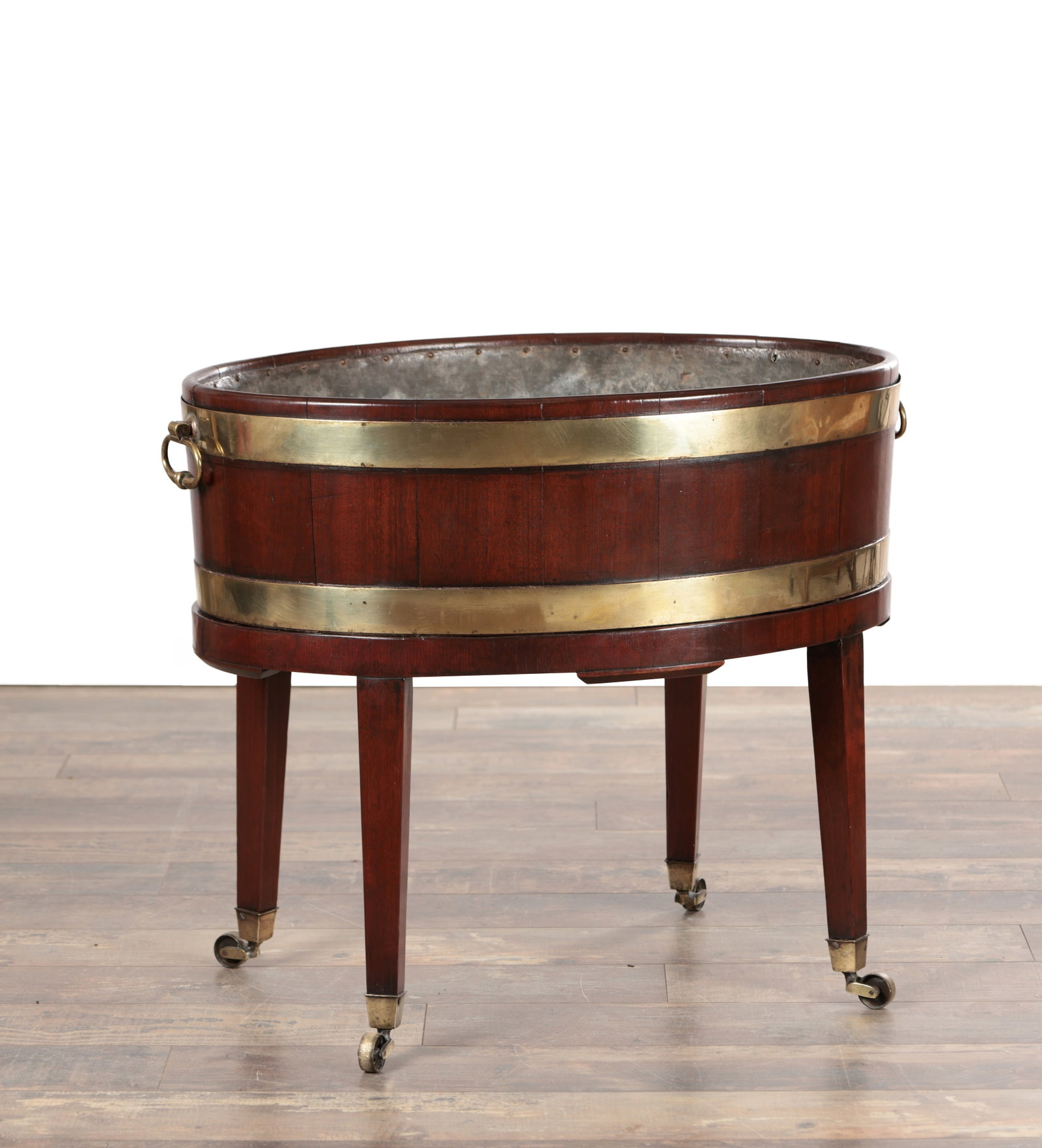 A GEORGE III MAHOGANY BRASS-BOUND WINE COOLER ON STAND (1 of 5)