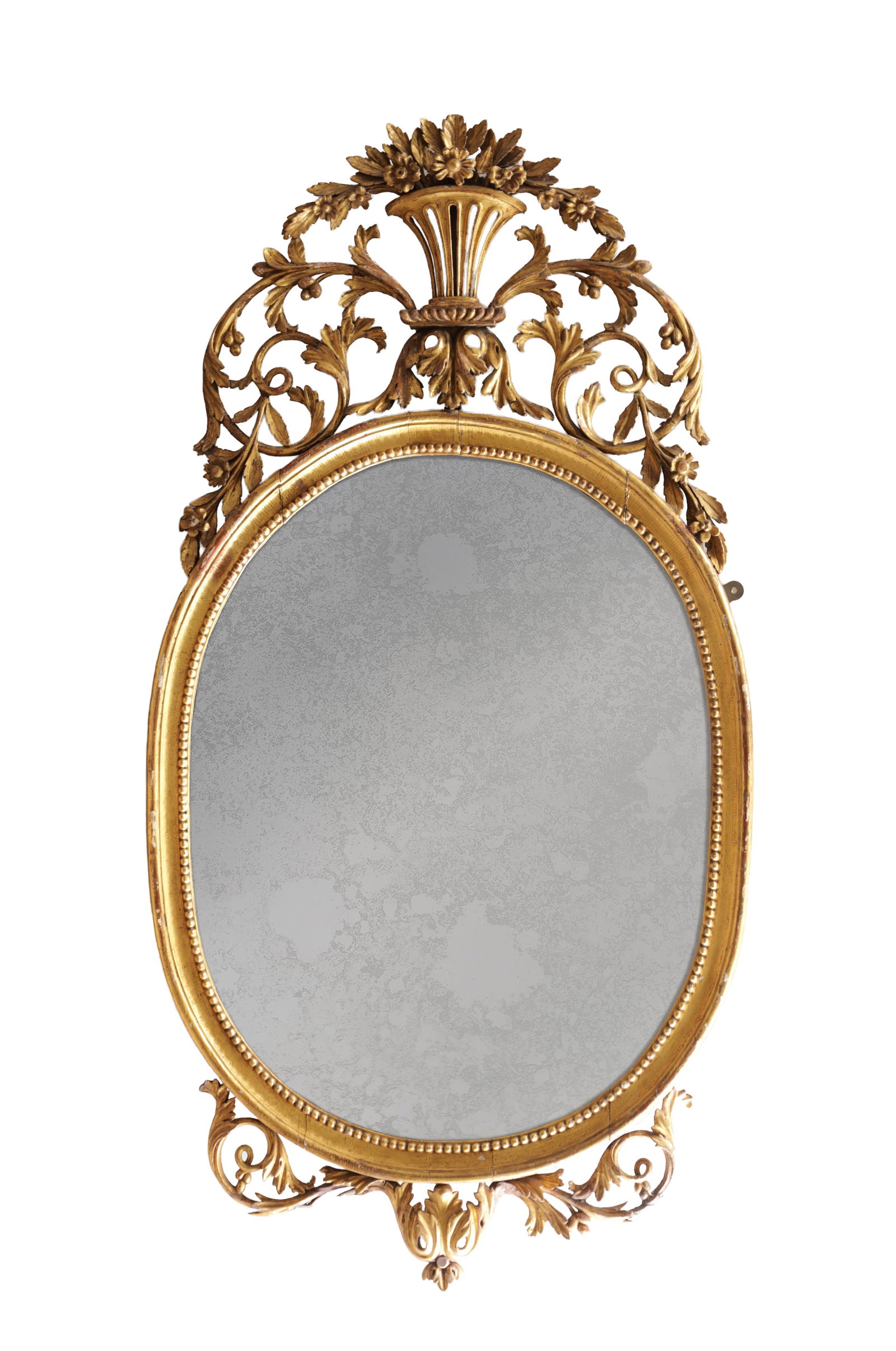 A GEORGE III CARVED GILTWOOD OVAL HANGING MIRROR WITH FLOWER BASKET CRESTING (1 of 9)
