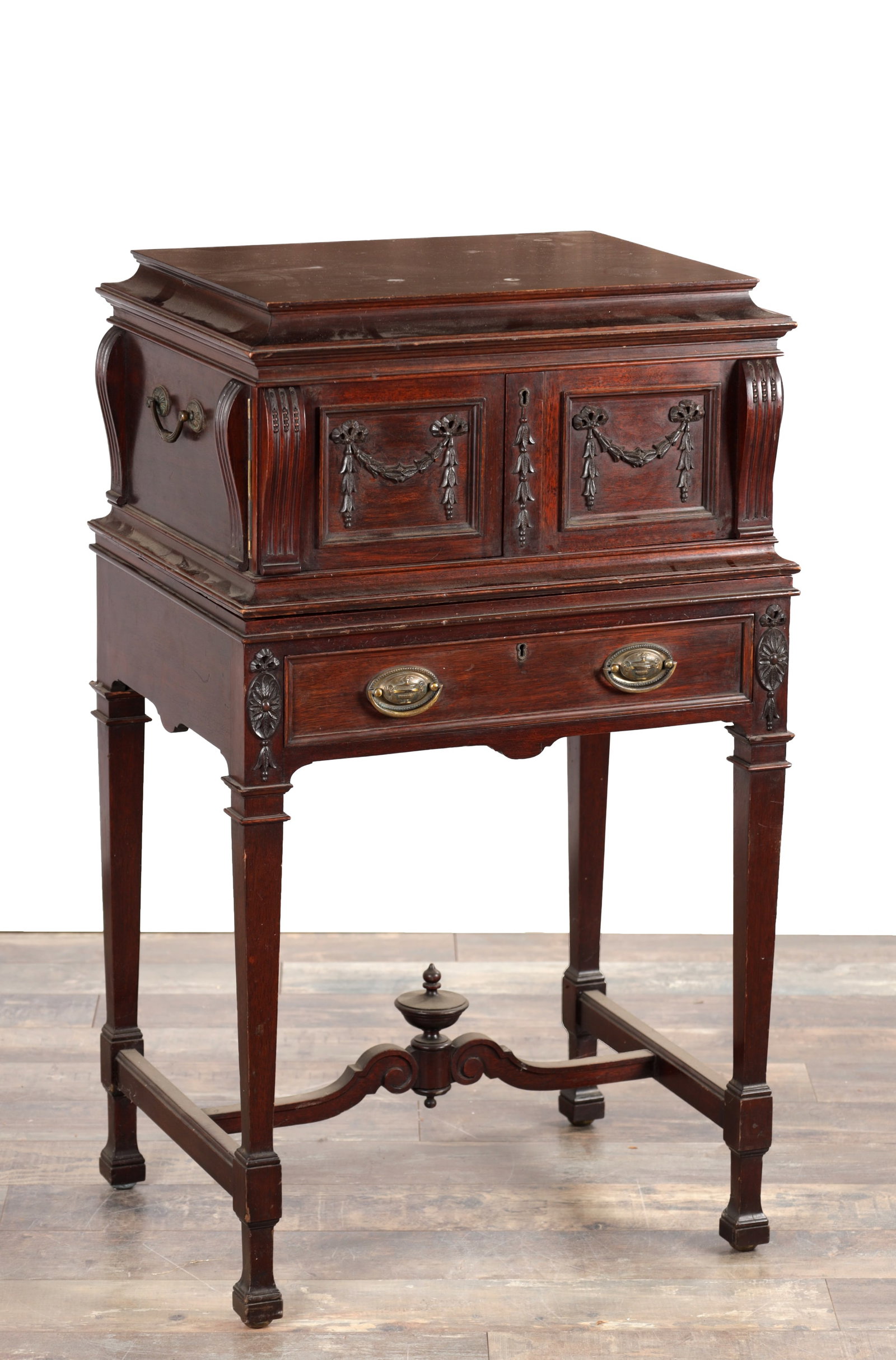 AN EDWARDIAN ADAM STYLE MAHOGANY CUTLERY CABINET ON STAND (1 of 17)