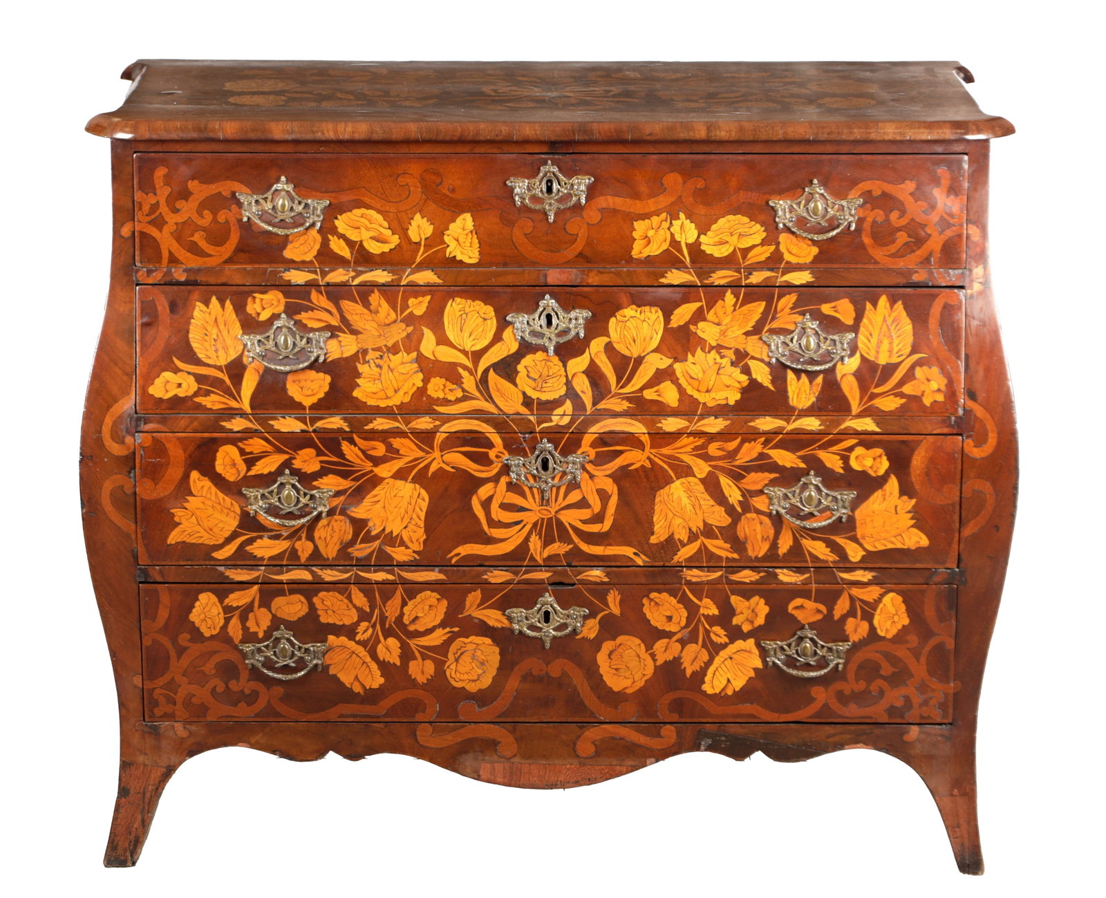 AN 18TH CENTURY DUTCH MARQUETRY BOMBE CHEST OF DRAWERS (1 of 4)