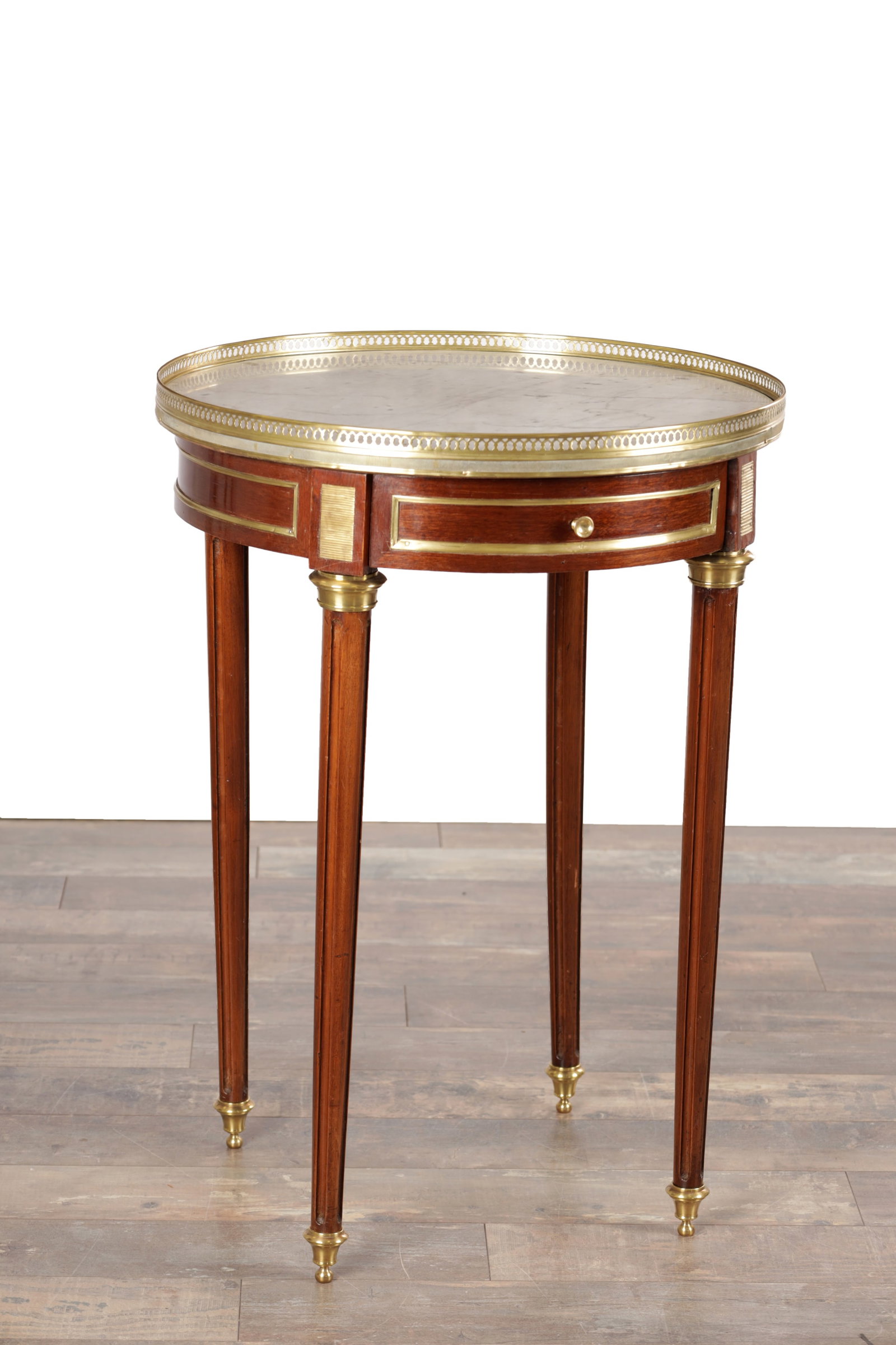 A LATE 19TH CENTURY FRENCH MAHOGANY AND BRASS MOUNTED GUERIDON WITH MARBLE TOP AND PIERCED GALLERY (1 of 8)