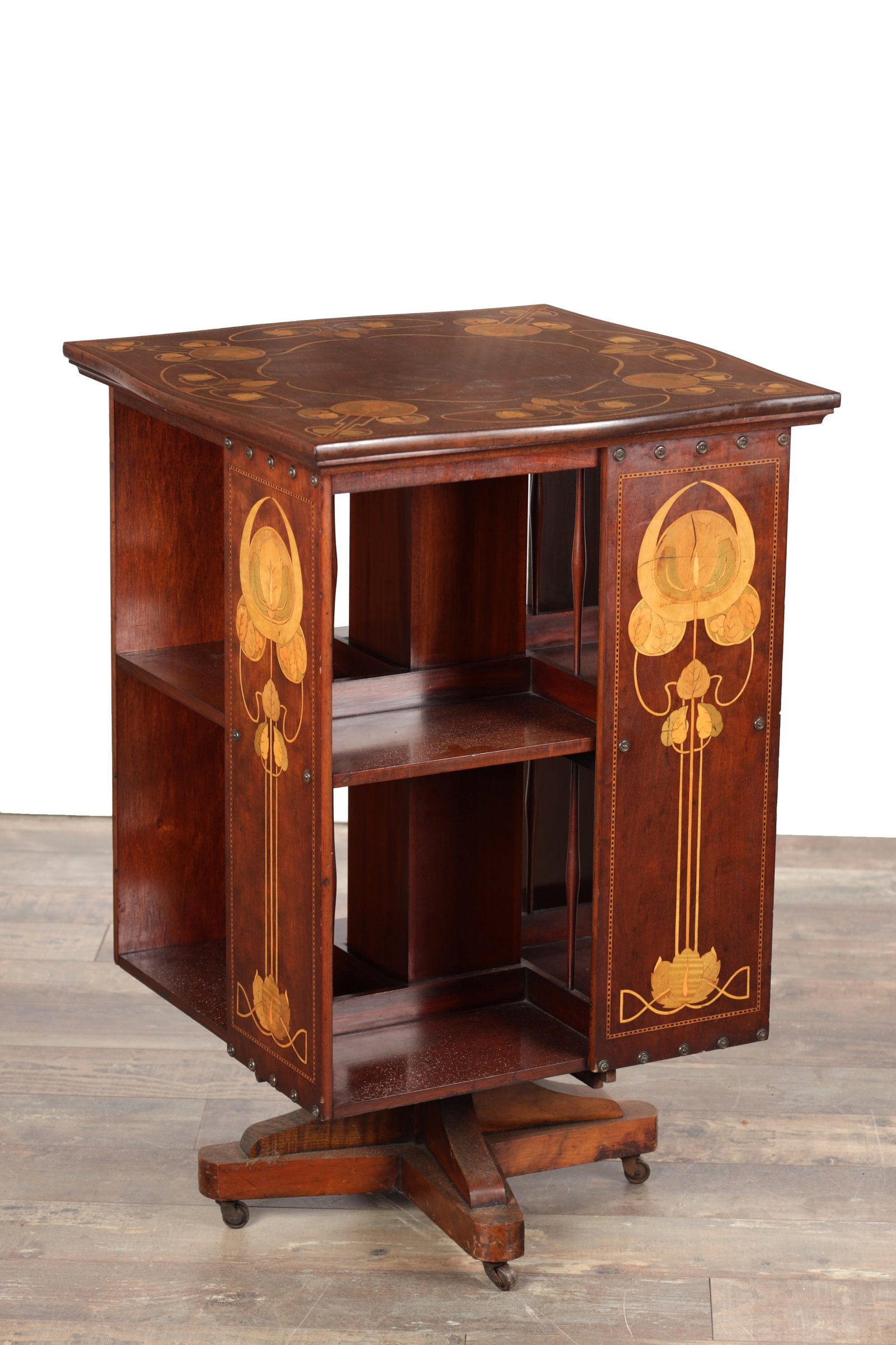 AN EDWARDIAN ENGLISH ART NOUVEAU INLAID MAHOGANY REVOLVING BOOKCASE IN THE MANNER OF SHAPLAND AND (1 of 7)