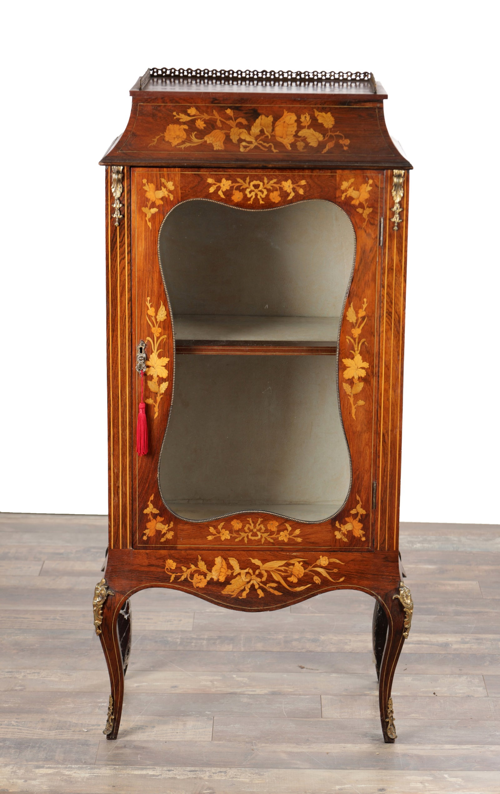 A LATE 19TH CENTURY FRENCH MARQUETRY INLAID ROSEWOOD DISPLAY CABINET (1 of 10)