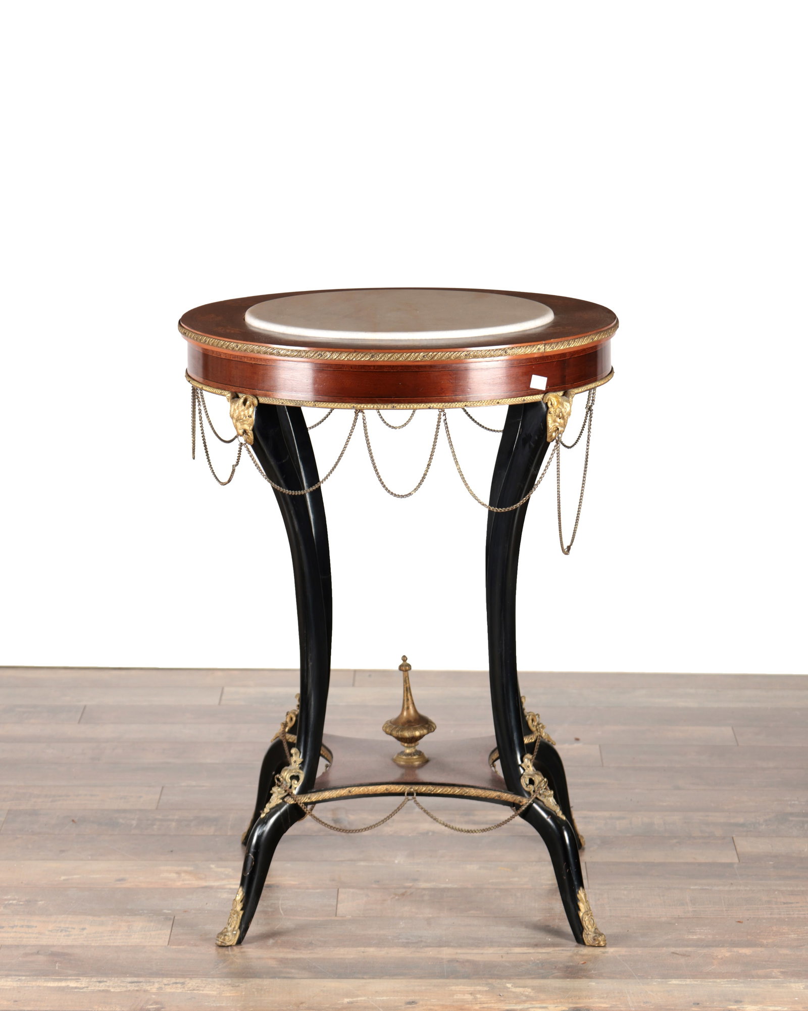 A LATE 19TH CENTURY FRENCH MAHOGANY AND EBONISED ORMOLU MOUNTED CENTRE TABLE WITH WHITE MARBLE INSET (1 of 3)