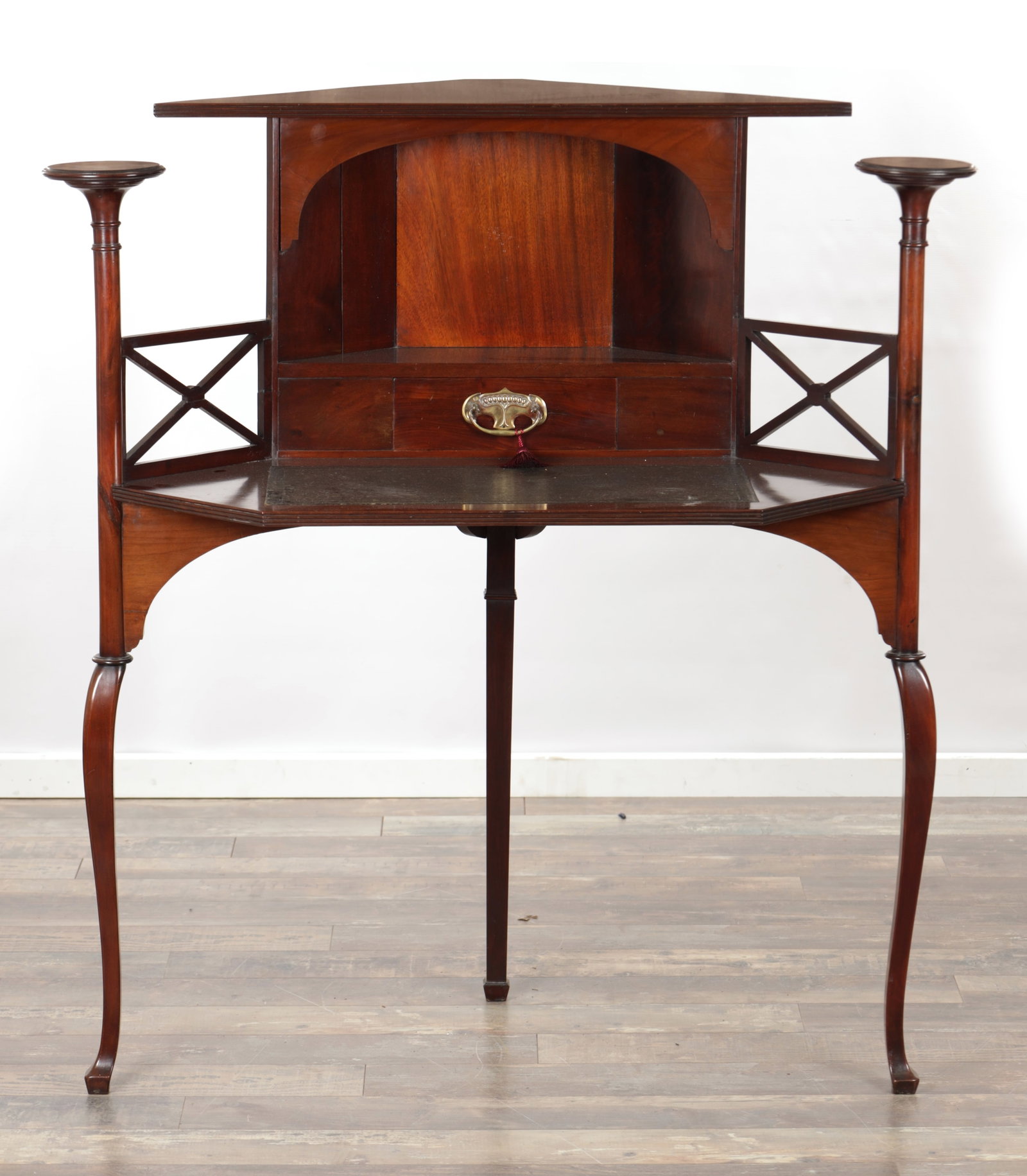 A LATE 19TH CENTURY ART NOUVEAU MAHOGANY CORNER DESK AND DISPLAY UNIT (1 of 6)