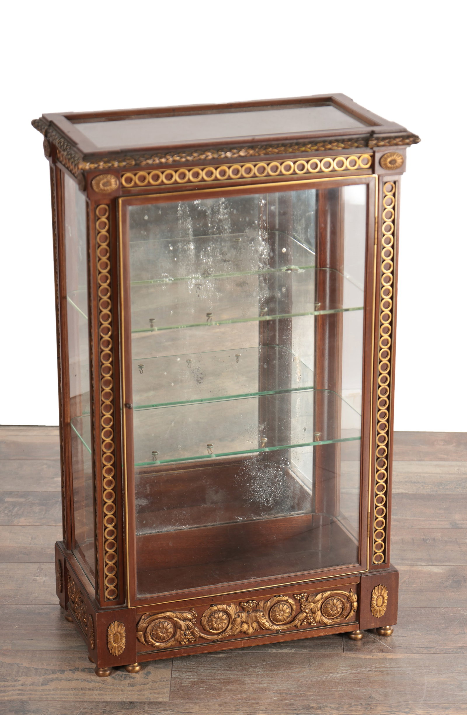 AN EARLY 20TH CENTURY FRENCH MINIATURE ORMOLU MOUNTED MAHOGANY GLAZED DISPLAY CABINET (1 of 5)