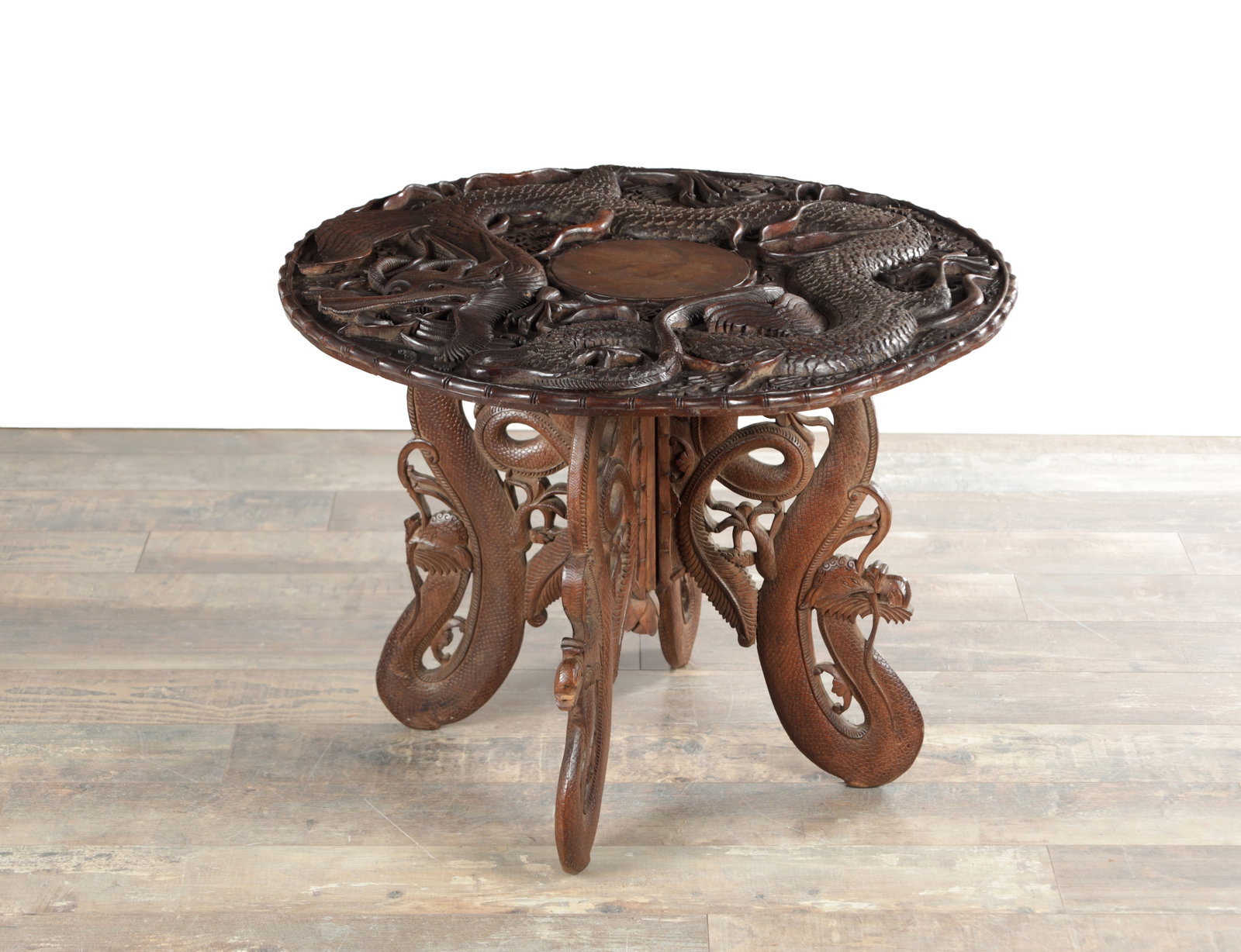 A CHINESE HARDWOOD DRAGON CARVED FOLDING OCCASIONAL TABLE (1 of 7)