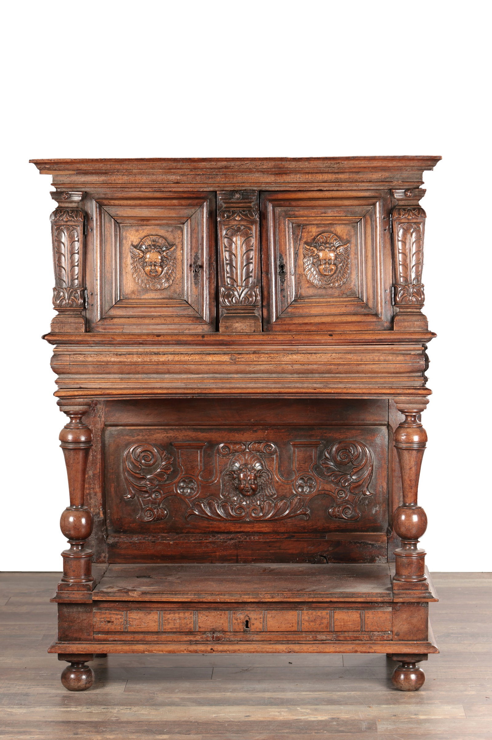 A 17TH CENTURY FRENCH WALNUT DRESSOIR CUPBOARD WITH POTBOARD CARVED WITH WINGED CHERUB HEADS (1 of 7)