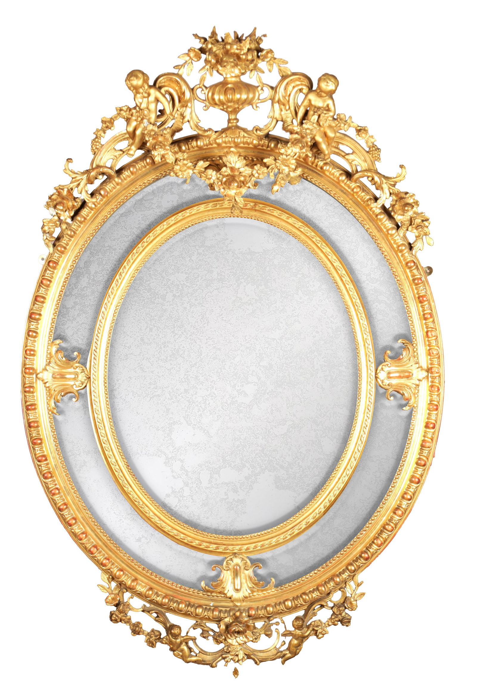 A LARGE LATE 19TH CENTURY FRENCH GILT GESSO OVAL HANGING MIRROR (1 of 7)