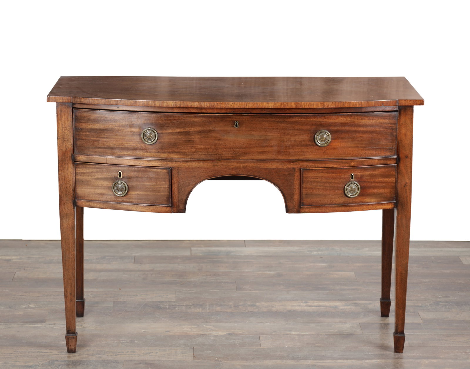 A GEORGE III FIGURED MAHOGANY BOW-FRONTED SIDEBOARD OF SMALL SIZE (1 of 10)