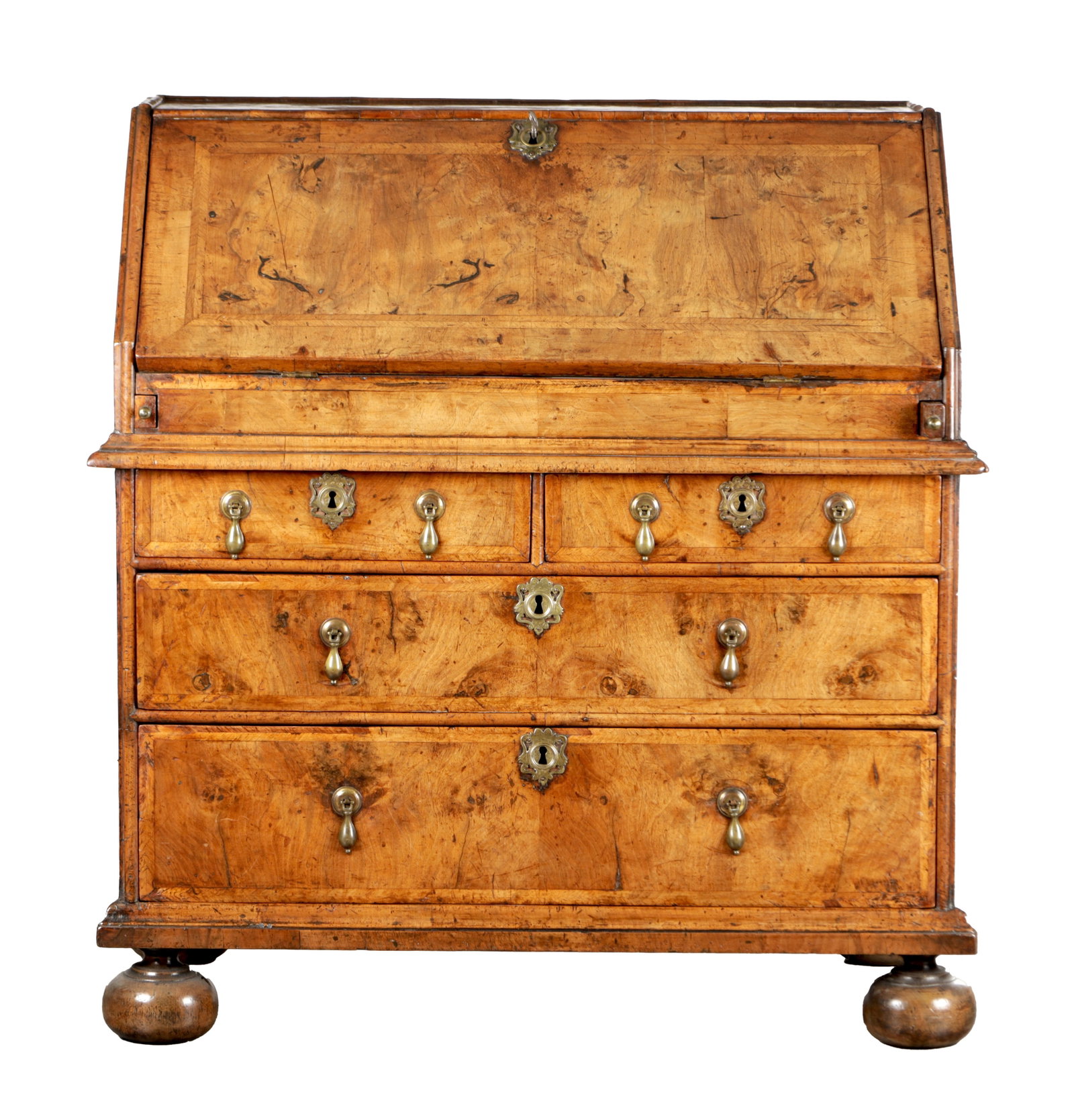 AN EARLY 18TH CENTURY ENGLISH BURR WALNUT BUREAU (1 of 12)