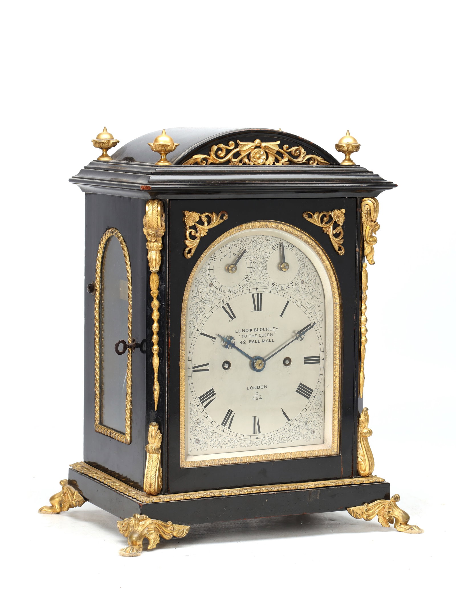 LUND AND BLOCKLEY, LONDON. A LATE 19TH CENTURY ORMOLU MOUNTED EBONISED DOUBLE FUSEE BRACKET CLOCK (1 of 11)