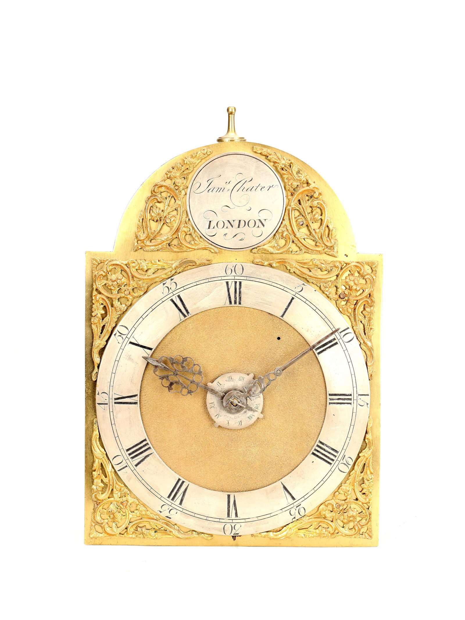 JAMES CHATER, LONDON. A GEORGE III 8' ARCHED BRASS DIAL LANTERN CLOCK: JAMES CHATER, LONDON. A GEORGE III 8' ARCHED BRASS DIAL LANTERN CLOCK having an engraved silvered chapter ring with Roman numerals fronting a weight-driven movement with anchor escapement striking on 