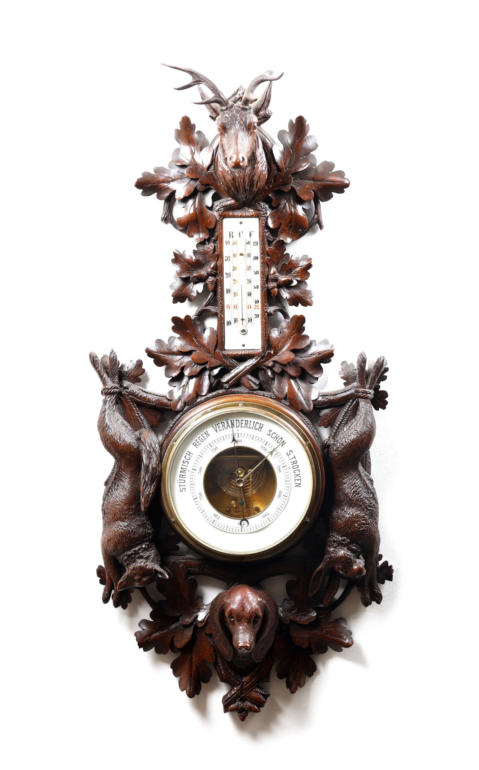 A 19TH CENTURY BLACK FOREST CARVED LINDEN WOOD ANEROID HANGING BAROMETER (1 of 8)