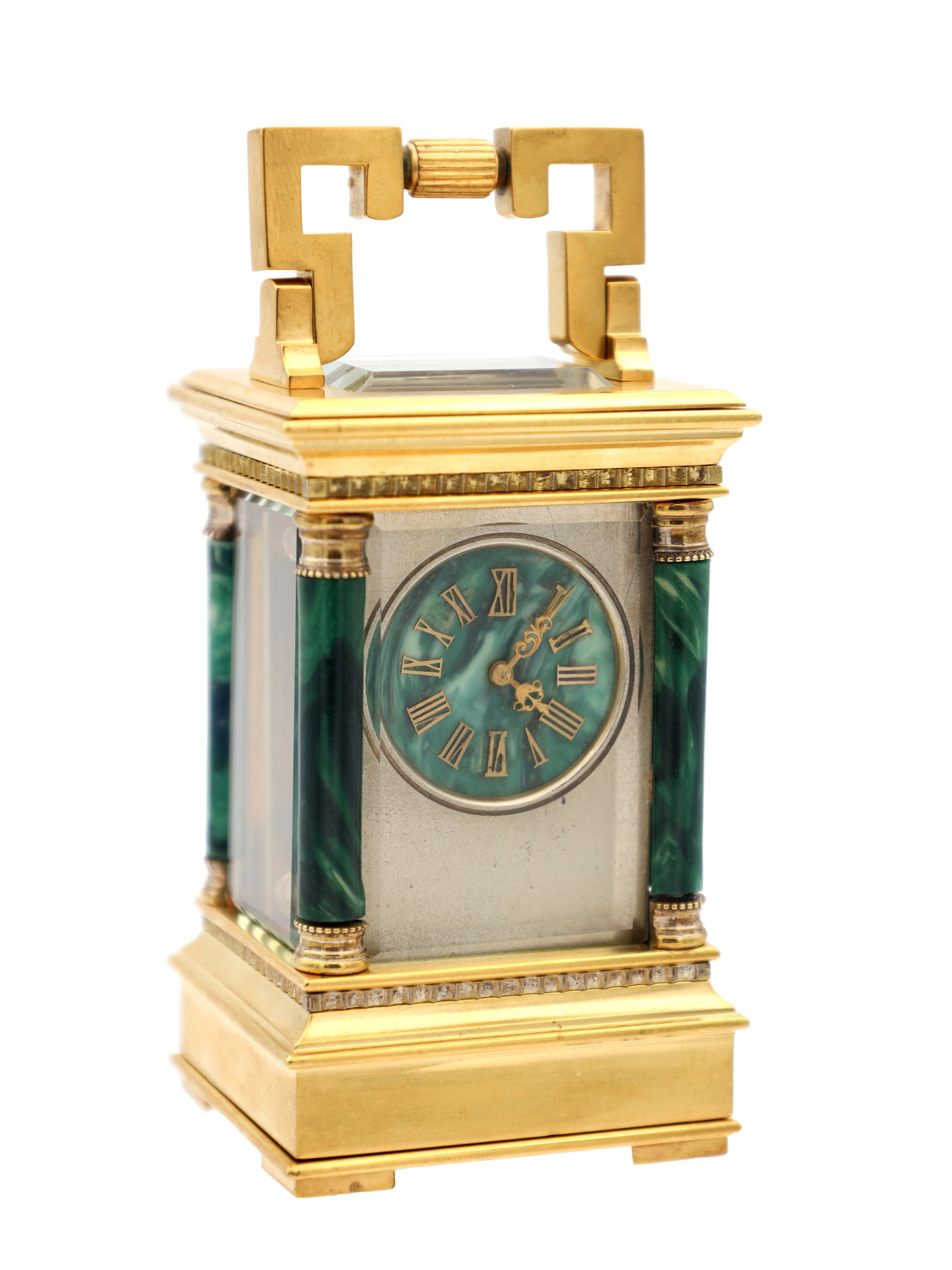 A LATE 19TH CENTURY FRENCH MINIATURE MALACHITE AND GILT BRASS CARRIAGE CLOCK (1 of 10)
