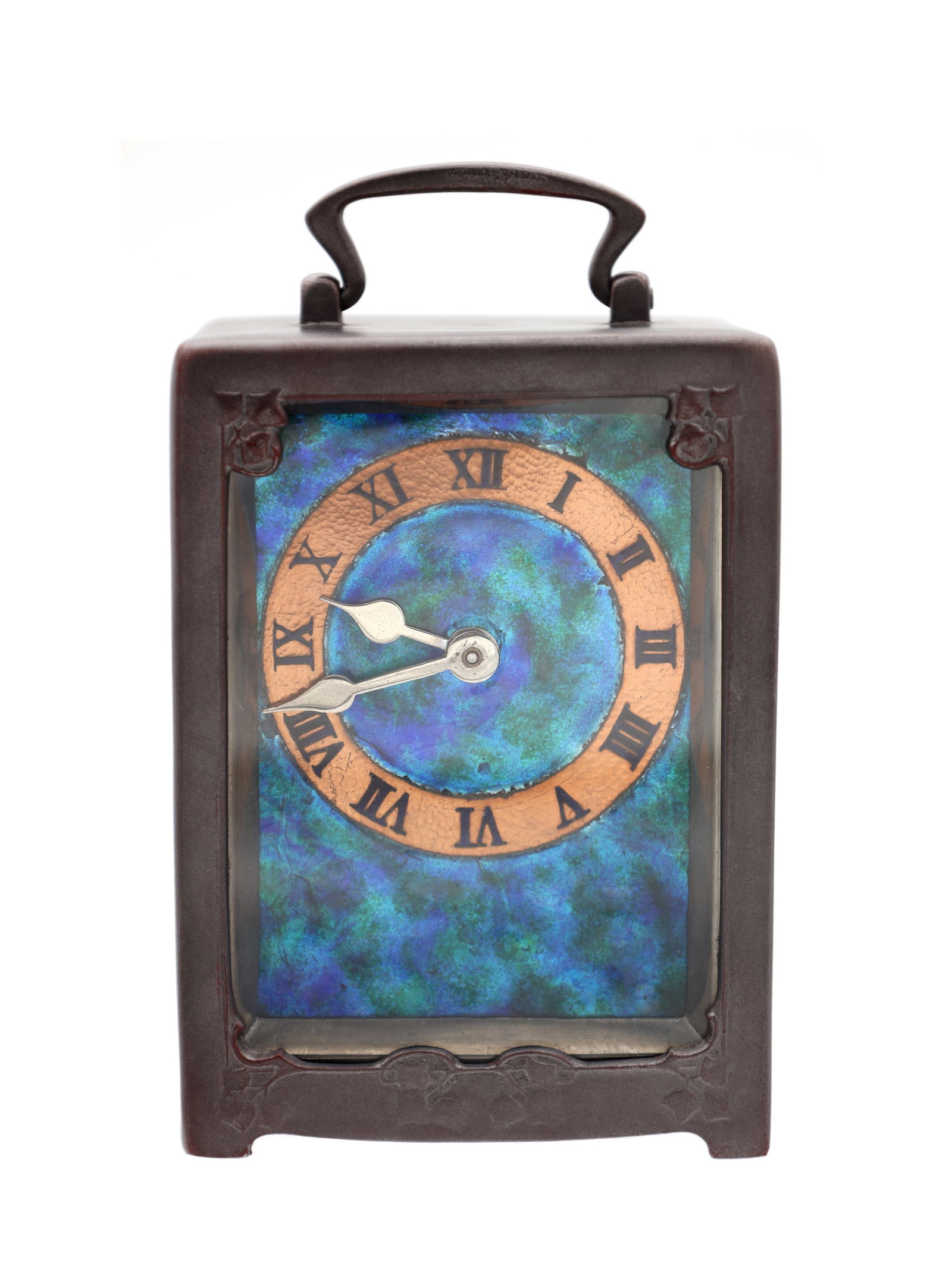 ARCHIBALD KNOX FOR LIBERTY & CO. A 'TUDRIC' PEWTER AND ENAMEL CARRIAGE CLOCK (1 of 13)