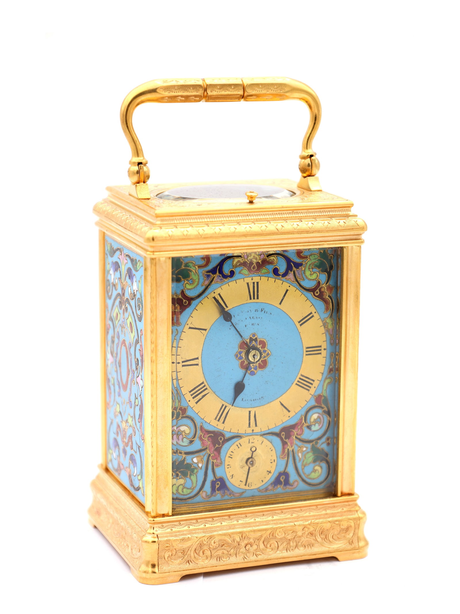 DROCOURT, PARIS. A LATE 19TH CENTURY GILT ENGRAVED CHAMPLEVE ENAMEL REPEATING CARRIAGE CLOCK: DROCOURT, PARIS. A LATE 19TH CENTURY GILT ENGRAVED CHAMPLEVE ENAMEL REPEATING CARRIAGE CLOCK having foliate enamel panels, enclosing a gilt Roman dial with gilt chapering and subsidiary alarm dial, fr
