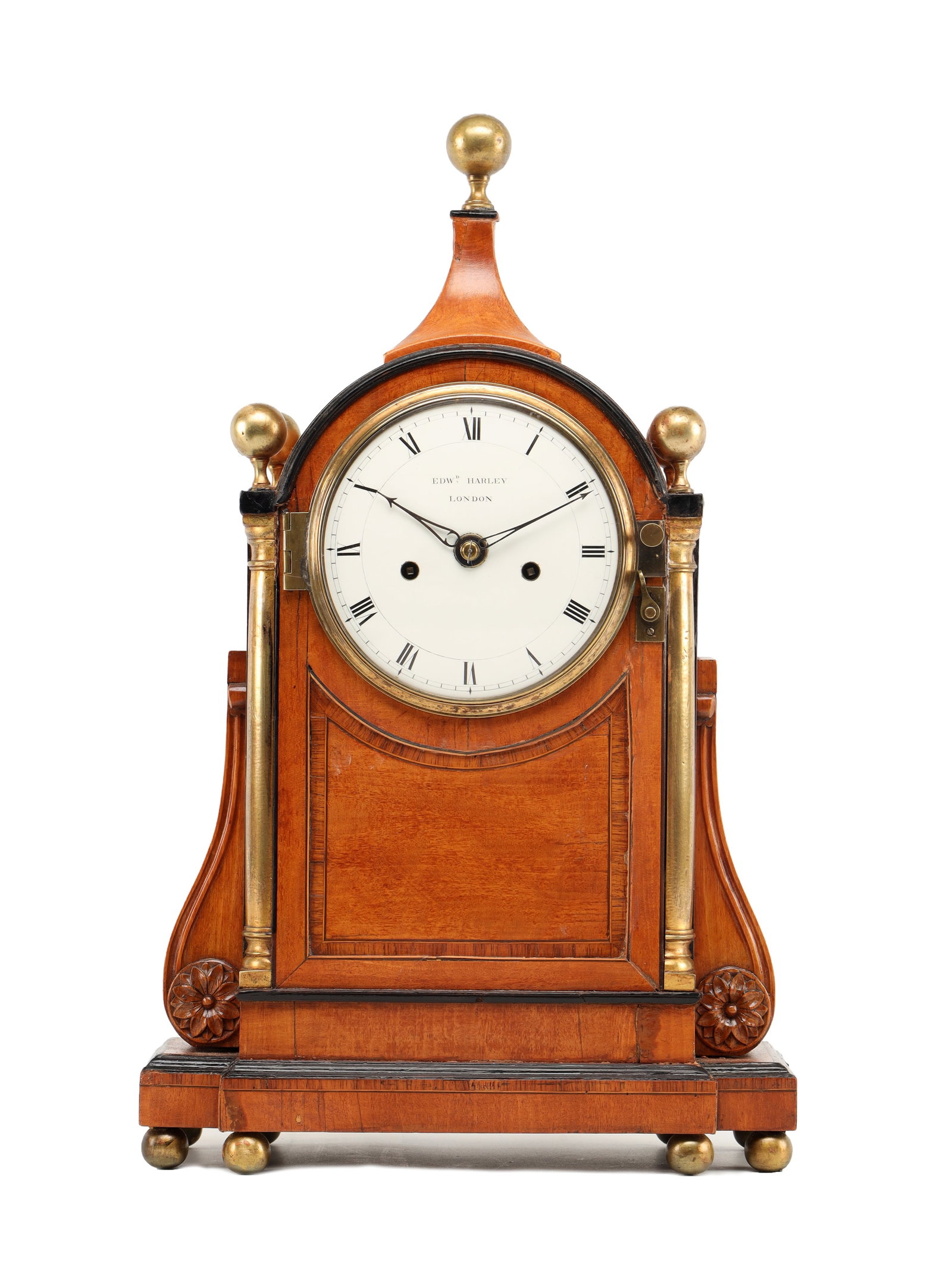 EDWARD HARLEY, LONDON. A GEORGE III SATINWOOD DOUBLE FUSEE BRACKET CLOCK WITH ORMOLU QUARTER COLUMNS (1 of 13)