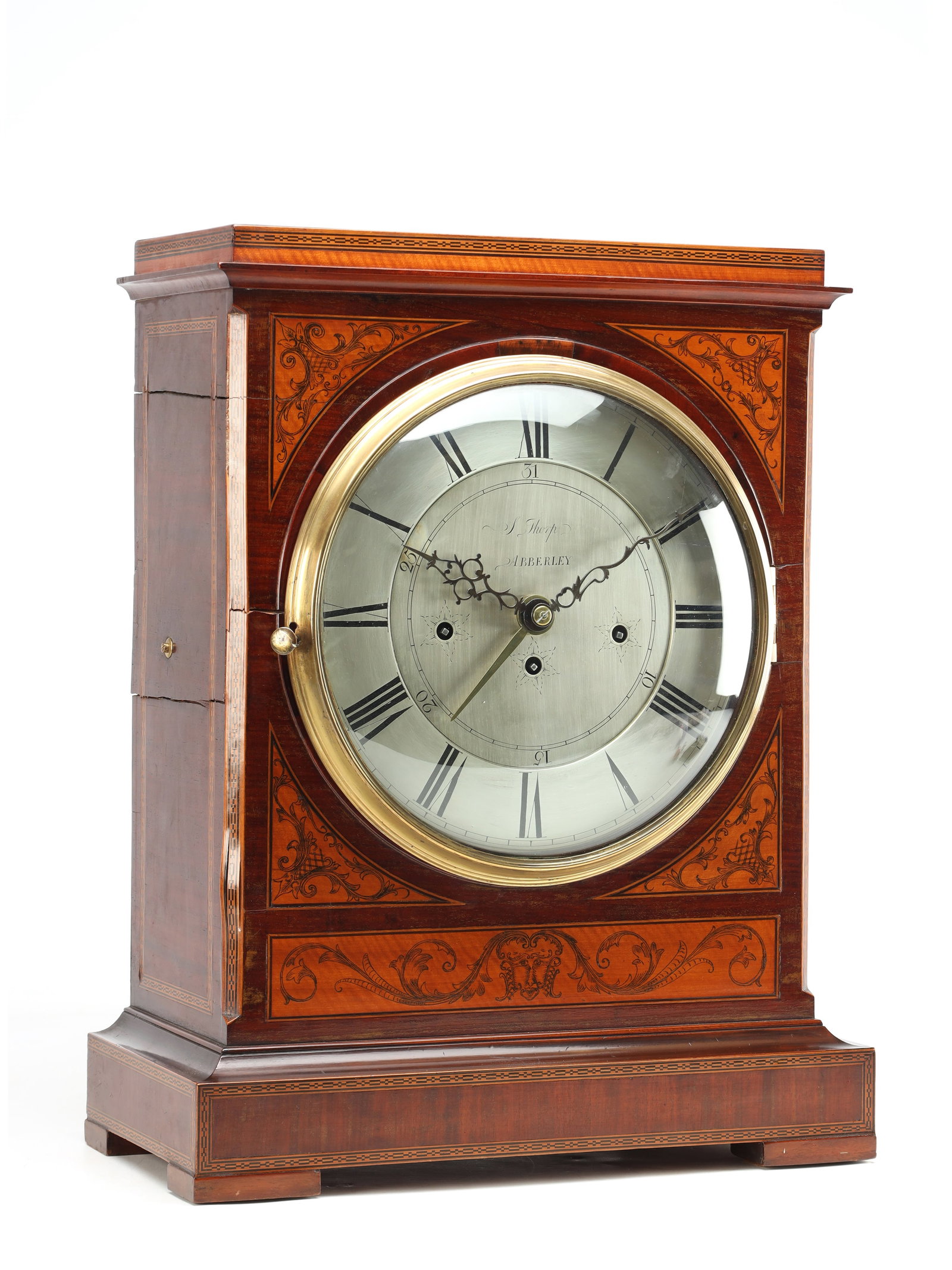 SAMUEL THORPE, ABBERLEY. A LARGE GEORGE III MAHOGANY AND SATINWOOD INLAID TRIPLE FUSEE QUARTER: SAMUEL THORPE, ABBERLEY. A LARGE GEORGE III MAHOGANY AND SATINWOOD INLAID TRIPLE FUSEE QUARTER CHIMING BRACKET CLOCK, cast brass bezel enclosing a 12' silvered engraved dial with concentric calendar f