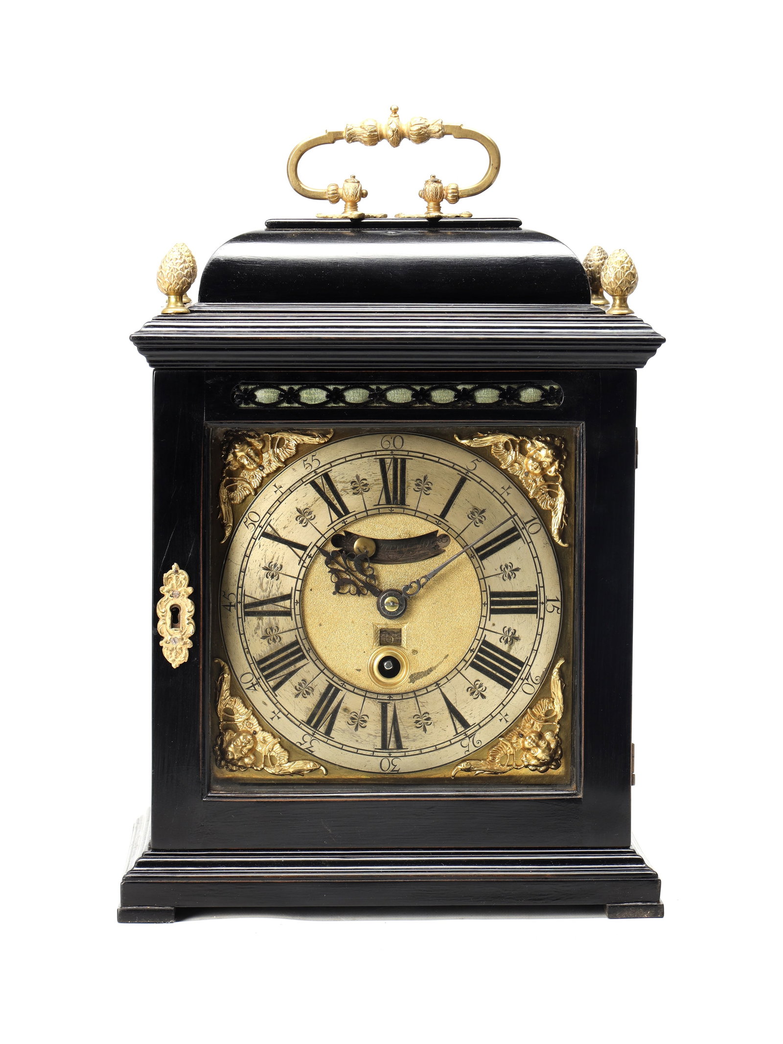 JOHN TIRRY, YORKE A WILLIAM AND MARY EBONISED QUARTER REPEATING VERGE BRACKET CLOCK: JOHN TIRRY, YORKE A WILLIAM AND MARY EBONISED QUARTER REPEATING VERGE BRACKET CLOCK with an ebonised rectangular case having moulded cornice and plinth, domed top with gilt foliate handle and pineappl
