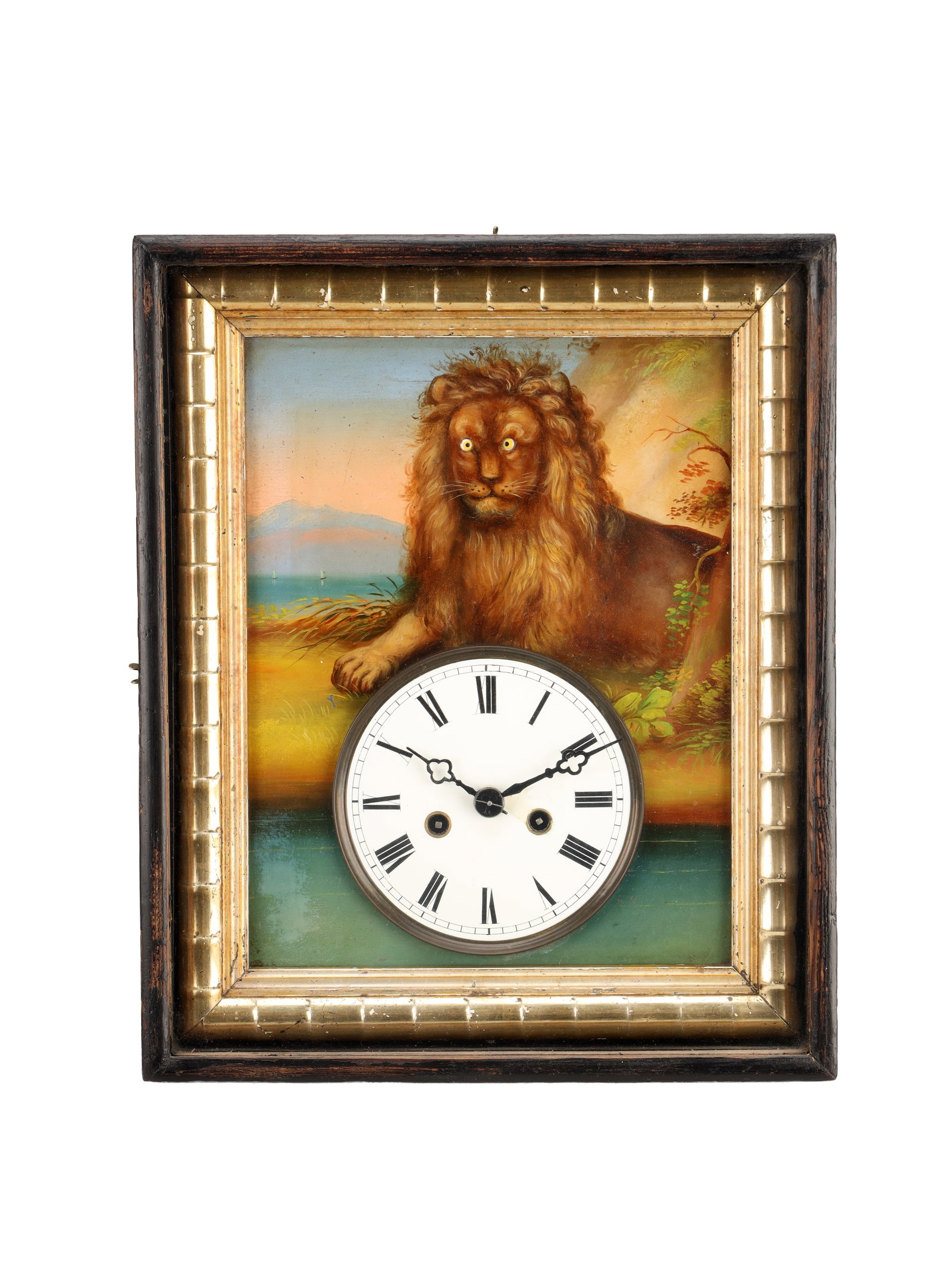 A 19TH CENTURY BLACK FOREST GERMAN AUTOMATON WALL CLOCK WITH ROCKING EYES: A 19TH CENTURY BLACK FOREST GERMAN AUTOMATON WALL CLOCK WITH ROCKING EYES, the rectangular moulded wood frame with gilt slip enclosing a painted panel depicting a lion in a landscape with rocking eyes