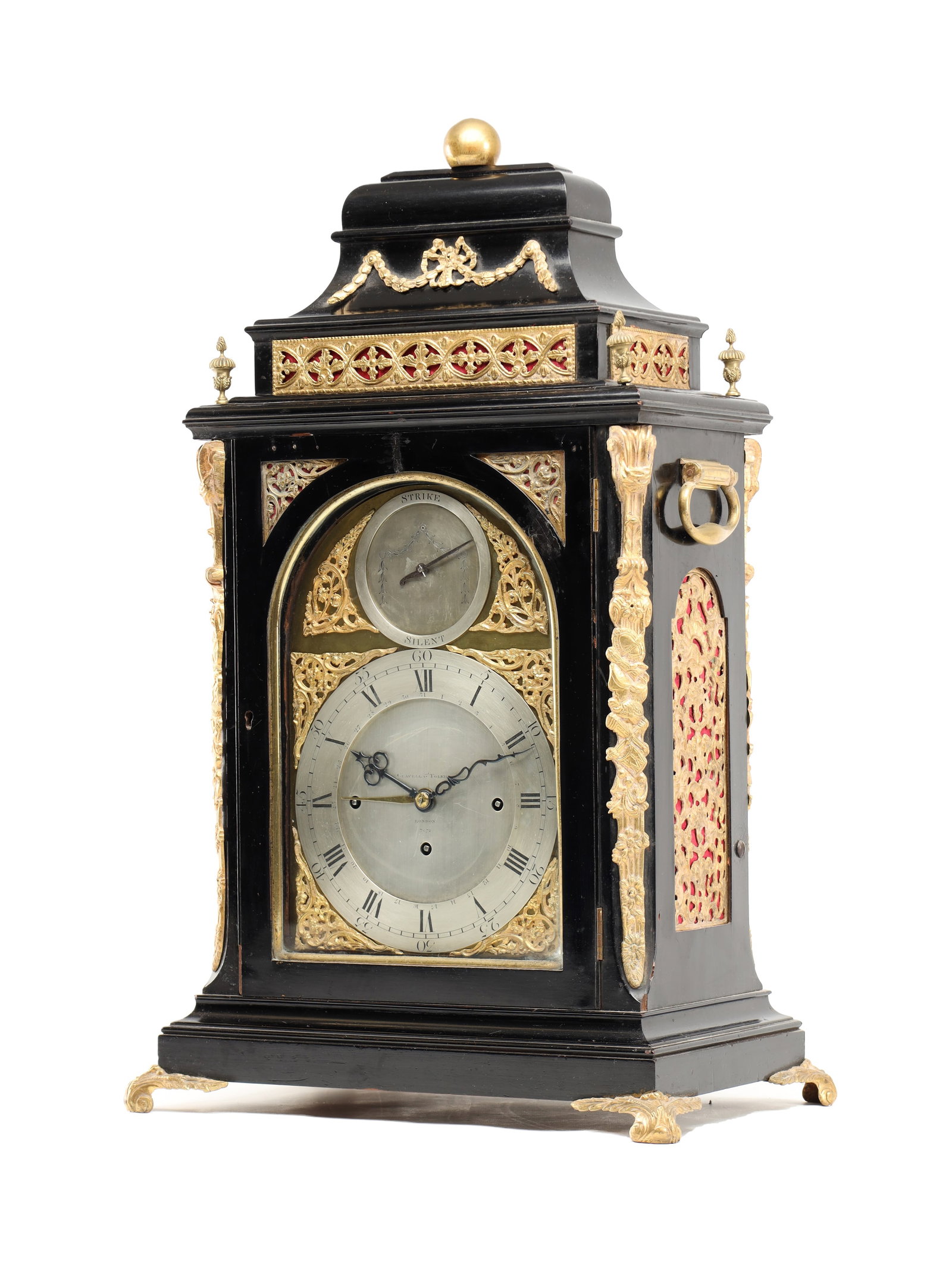 GRAVELL & TOLKEIN, LONDON. A GEORGE III ORMOLU MOUNTED TRIPLE FUSEE QUARTER CHIMING BRACKET CLOCK: GRAVELL & TOLKEIN, LONDON. A GEORGE III ORMOLU MOUNTED TRIPLE FUSEE QUARTER CHIMING BRACKET CLOCK ebonised caddy top case with gilt brass ball finial, pierced gilt brass frets and ormolu mounts with s