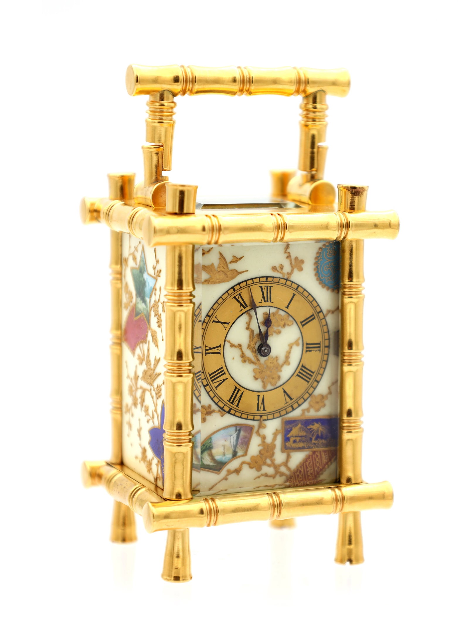 A LATE 19TH CENTURY FRENCH MINIATURE GILT BRASS AND PORCELAIN PANELLED CARRIAGE CLOCK (1 of 12)