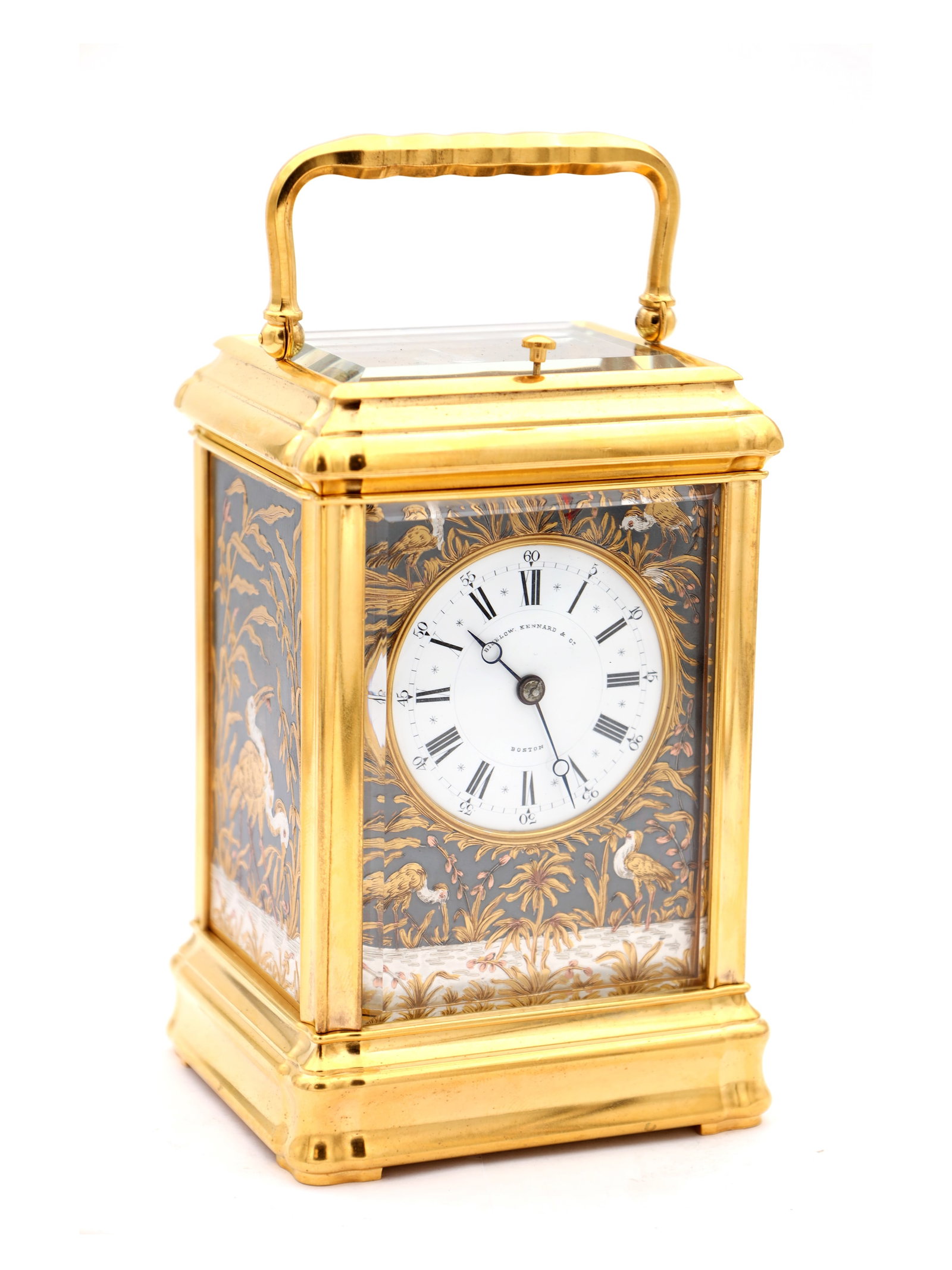 ARSENE MARGAINE, PARIS. A LATE 19TH CENTURY FRENCH GORGE CASED BRONZE AND MIXED METAL REPEATING: ARSENE MARGAINE, PARIS. A LATE 19TH CENTURY FRENCH GORGE CASED BRONZE AND MIXED METAL REPEATING CARRIAGE CLOCK having a gilt case with oriental style panels depicting birds and canes amongst foliage, 