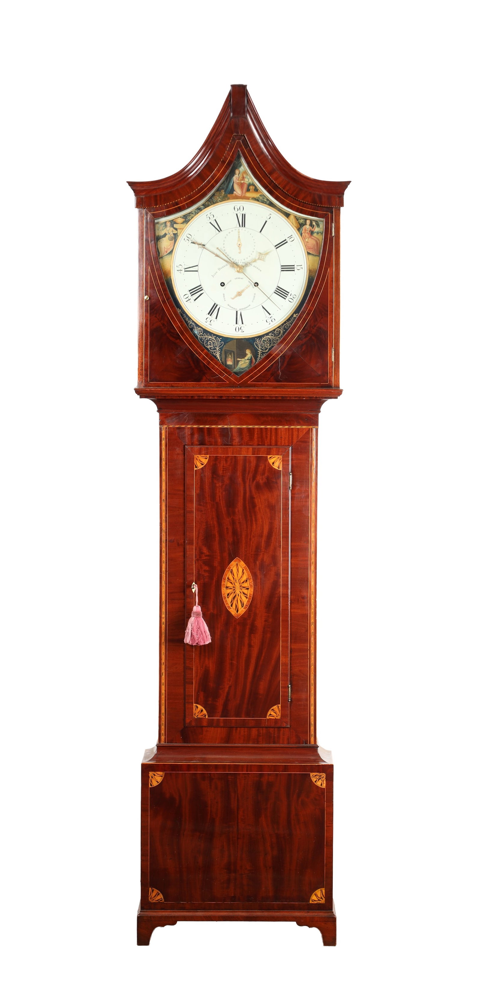 JOHN DOBBIE, CALTON, GLASGOW. A RARE GEORGE III SHIELD-SHAPED PAINTED DIAL INLAID MAHOGANY: JOHN DOBBIE, CALTON, GLASGOW. A RARE GEORGE III SHIELD-SHAPED PAINTED DIAL INLAID MAHOGANY EIGHT-DAY LONGCASE CLOCK having a moulded pediment hood and inlaid trunk door, enclosing a shield-shaped pain