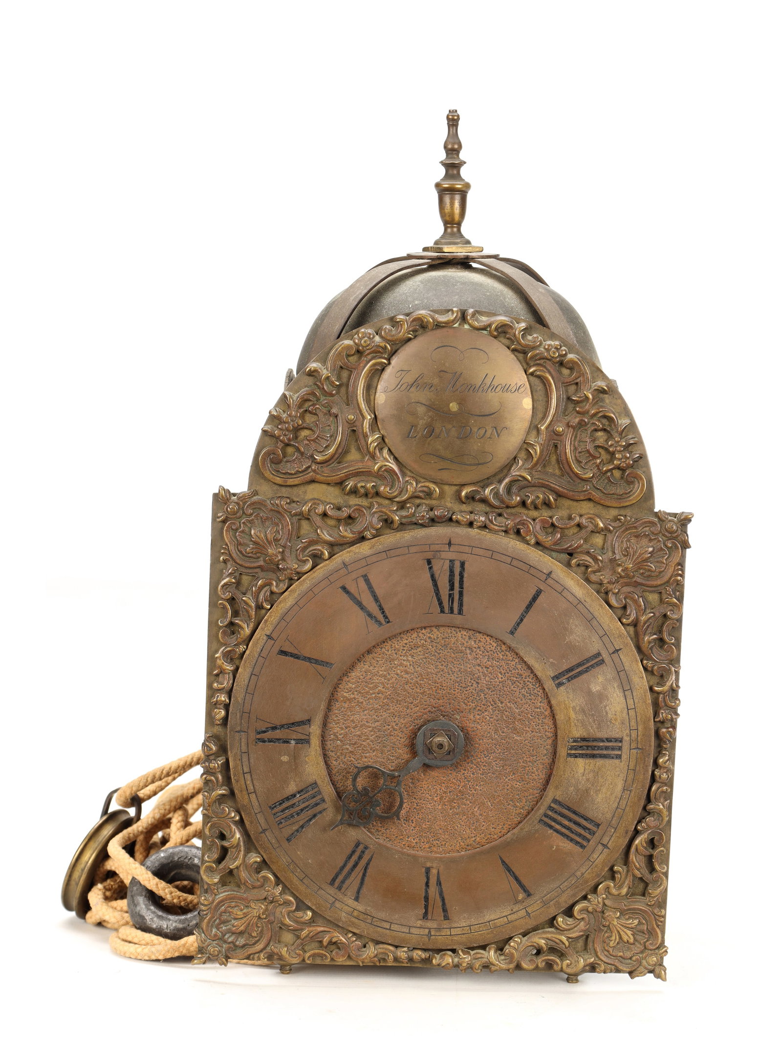 JOHN MONKHOUSE, LONDON. A GEORGE II BRASS VERGE STRIKING LANTERN CLOCK (1 of 11)