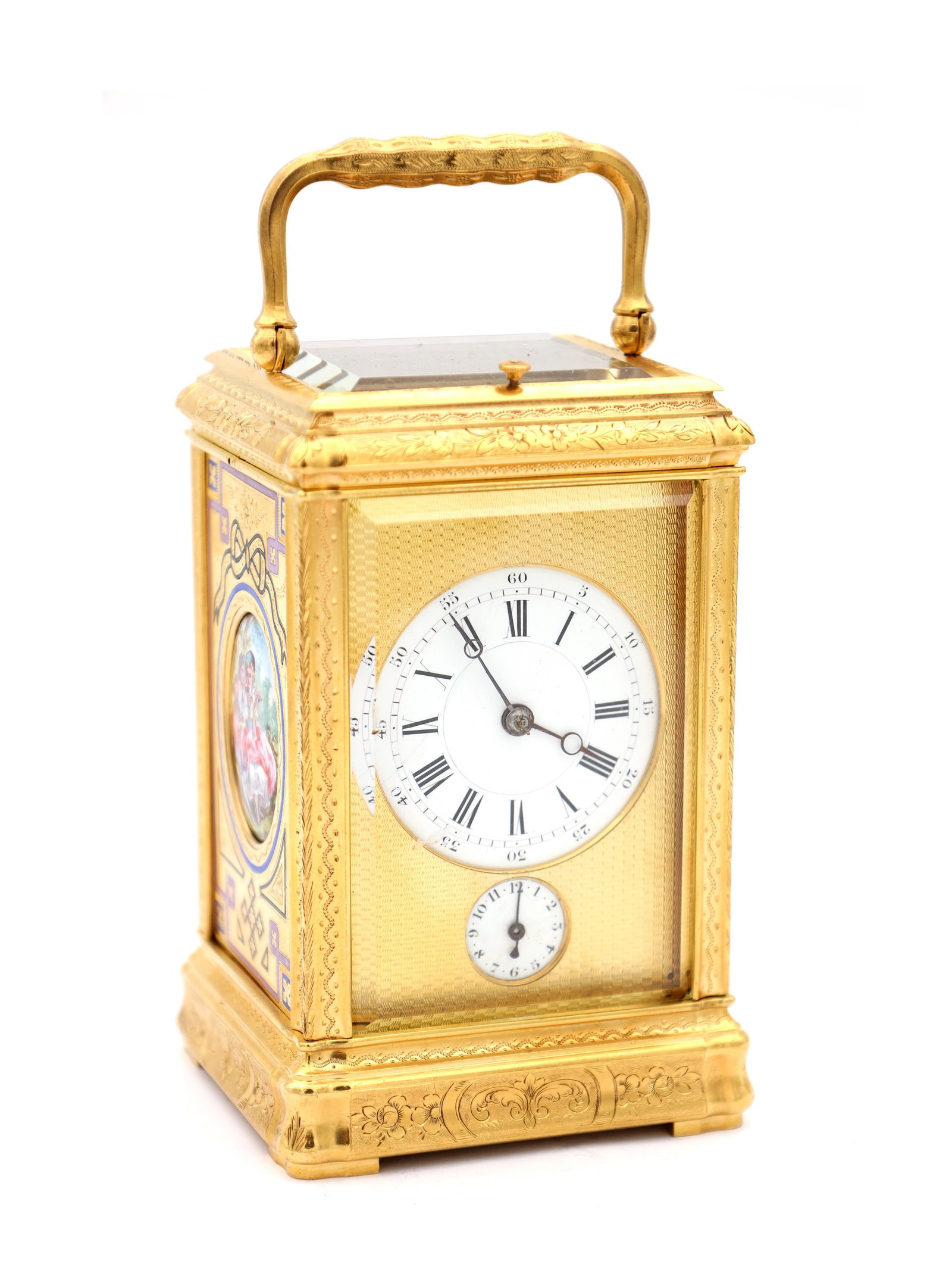 A LATE 19TH CENTURY FRENCH GILT ENGRAVED ENAMEL AND PORCELAIN REPEATING CARRIAGE CLOCK (1 of 9)