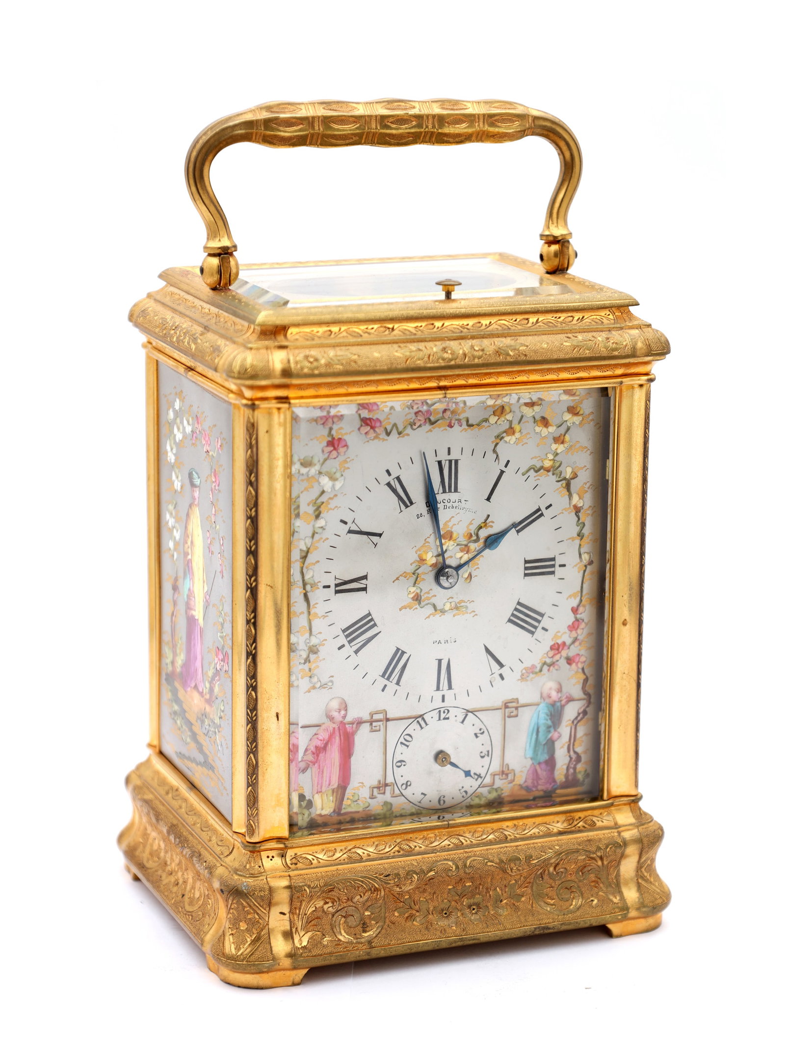 DROCOURT, PARIS. A RARE LATE 19TH CENTURY GIANT GILT ENGRAVED GORGE CASED REPEATING CARRIAGE: DROCOURT, PARIS. A RARE LATE 19TH CENTURY GIANT GILT ENGRAVED GORGE CASED REPEATING CARRIAGE CLOCK WITH PORCELAIN PANELS having an engraved gilt gorge case with porcelain side and front panels painted